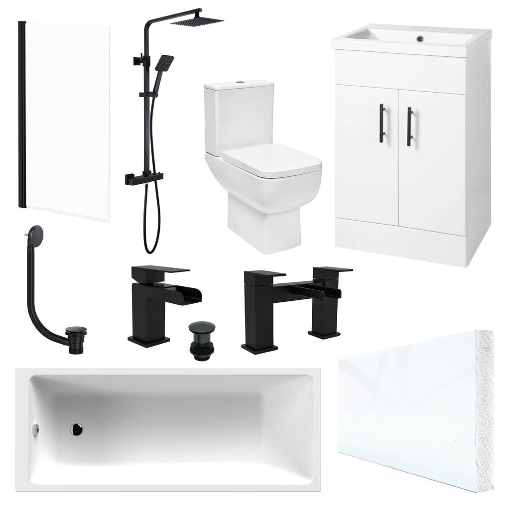 Modern Bathroom Suite, 1700mm Single-Ended Bath, Close Coupled WC, 2-Door Vanity, Matt Black Shower & Taps