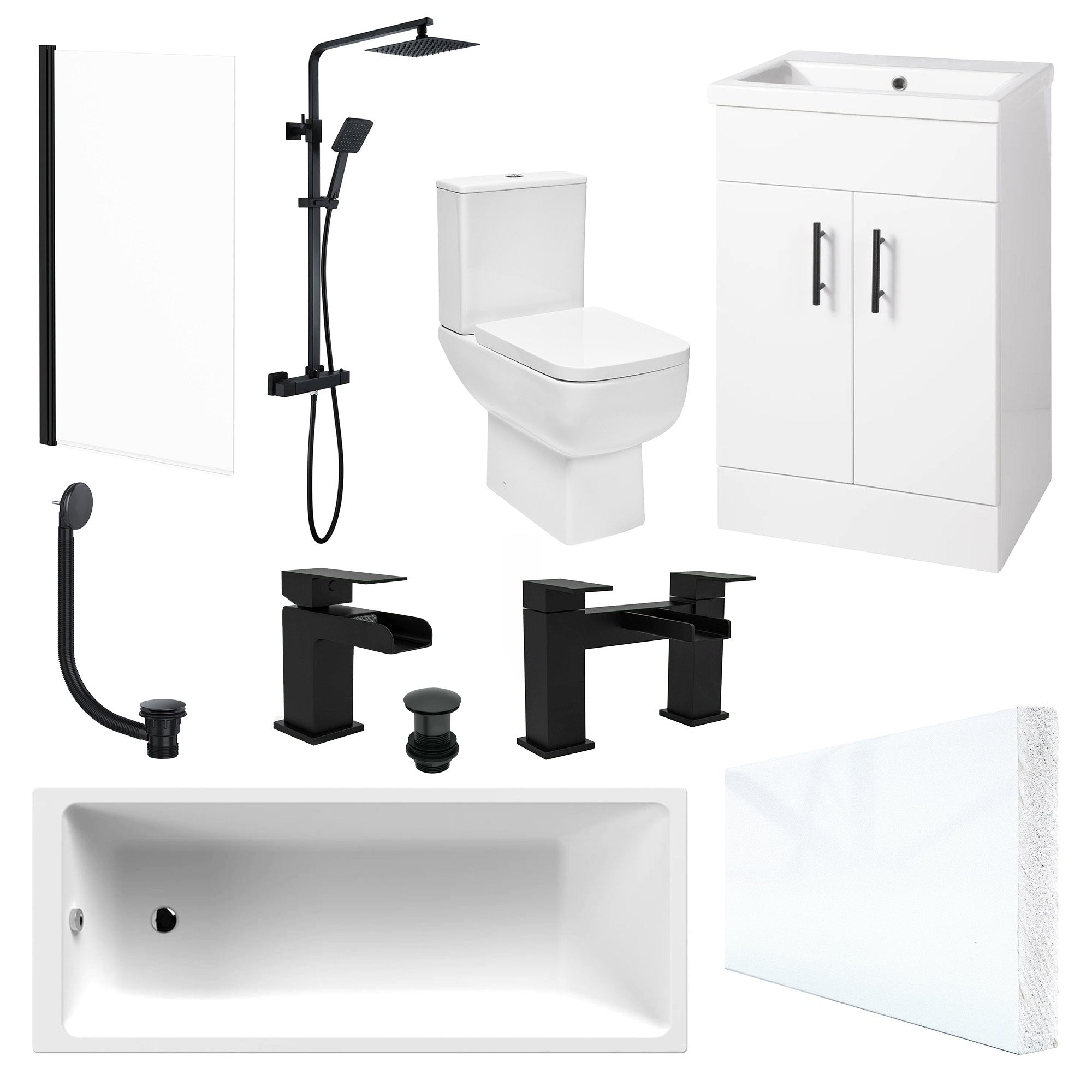Modern Bathroom Suite, 1700mm Single-Ended Bath, Close Coupled WC, 2-Door Vanity, Matt Black Shower & Taps