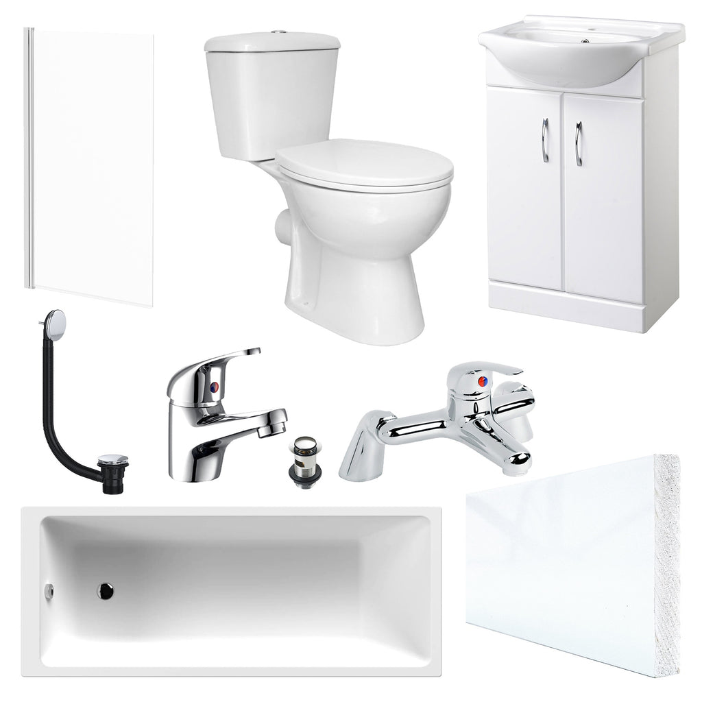 Modern White Bathroom Suite with 1700mm Bath, 550mm Vanity Unit, Close Coupled WC & Chrome Tap Set - Complete Kit for DIY