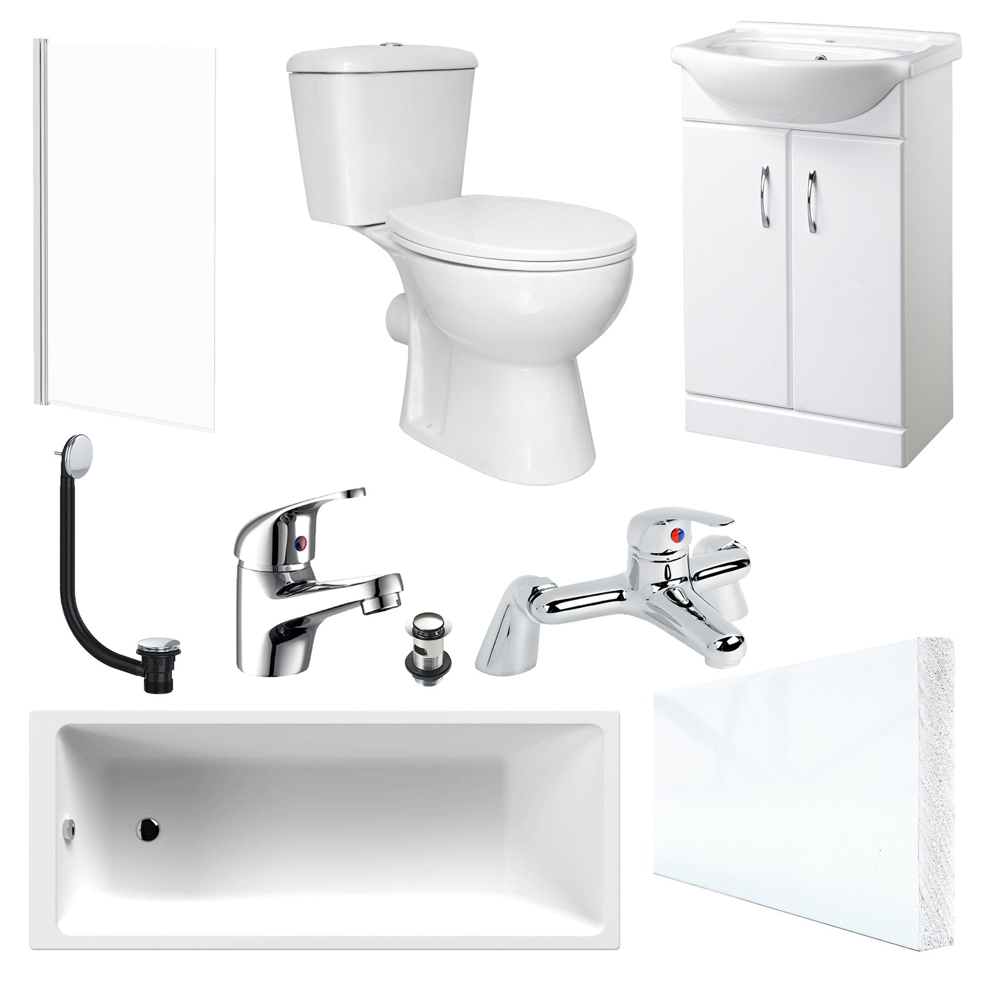 Modern White Bathroom Suite with 1700mm Bath, 550mm Vanity Unit, Close Coupled WC & Chrome Tap Set - Complete Kit for DIY