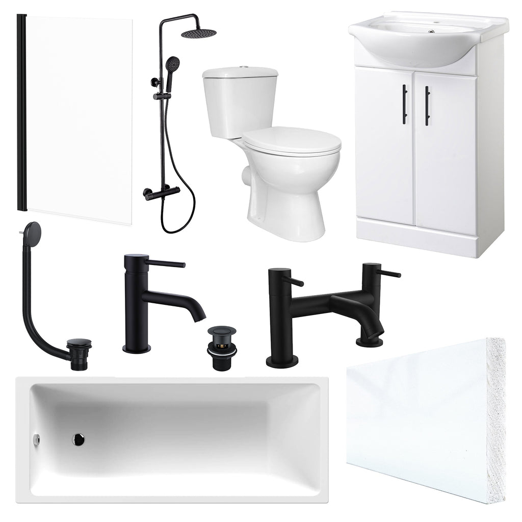 Bubly Bathrooms™ Complete Bathroom Suite: 1700mm Bath, 550mm Vanity, WC & Matt Black Shower & Taps