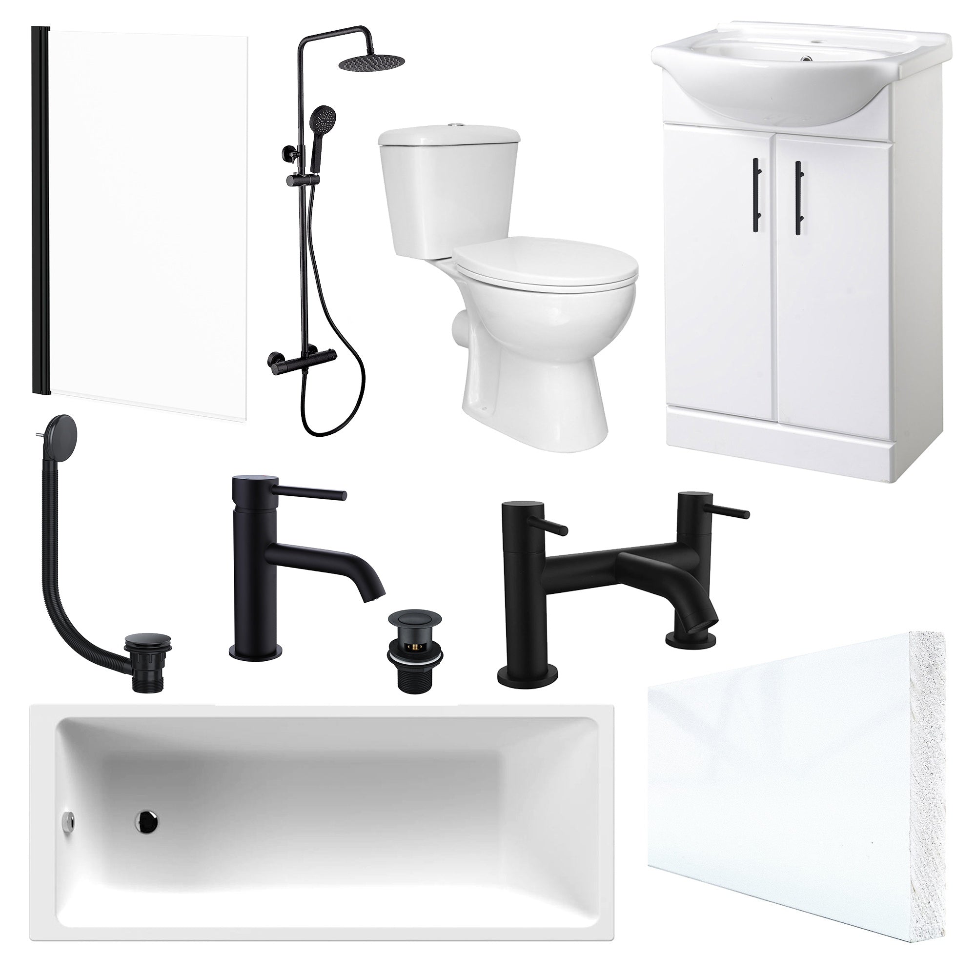 Bubly Bathrooms™ Complete Bathroom Suite: 1700mm Bath, 550mm Vanity, WC & Matt Black Shower & Taps