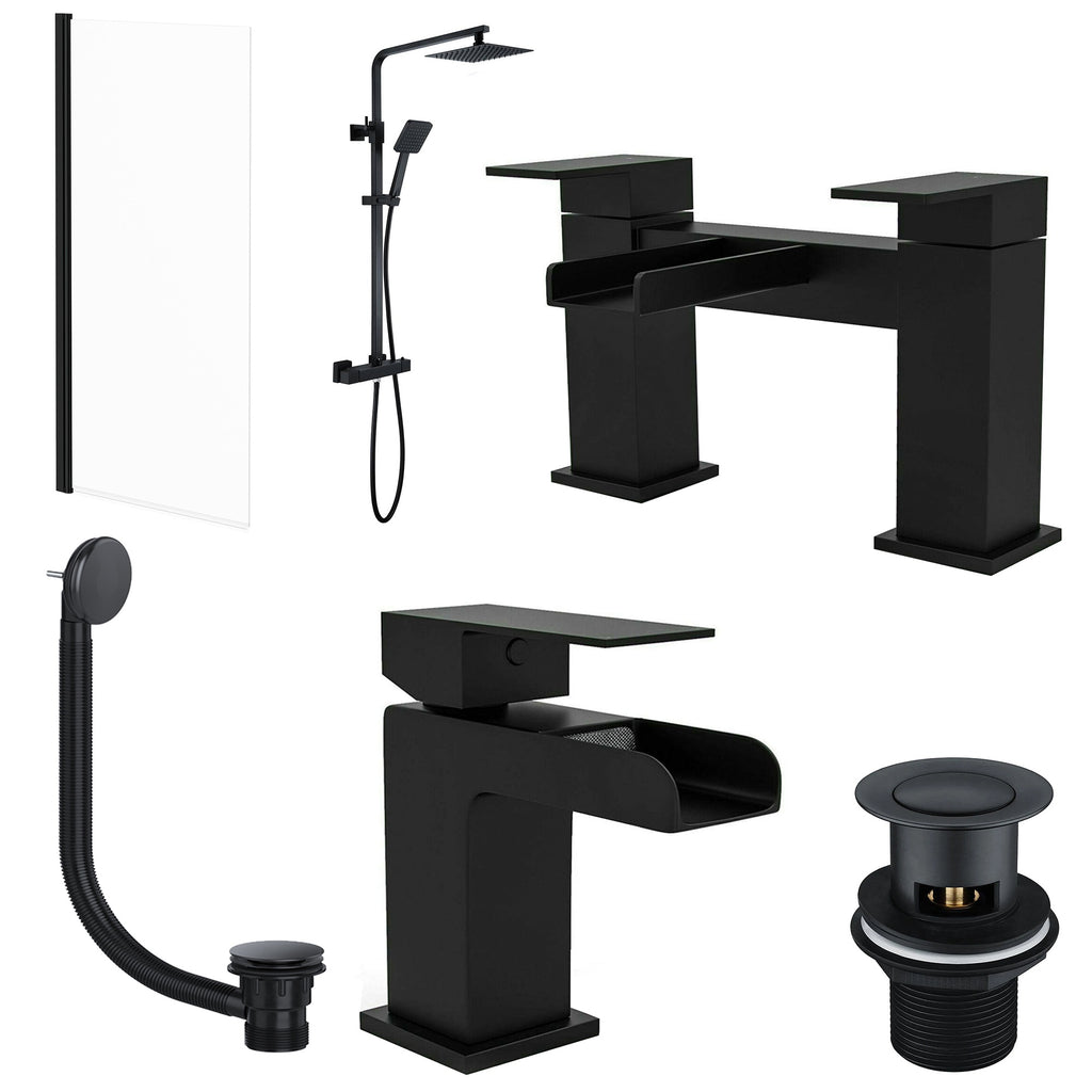 Matt Black Modern Bathroom Suite with Thermostatic Shower, Waterfall Basin & Bath Taps, Glass Screen & Wastes