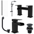 Matt Black Modern Bathroom Suite with Thermostatic Shower, Waterfall Basin & Bath Taps, Glass Screen & Wastes