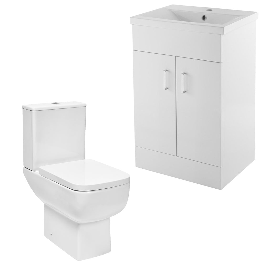 Bubly Bathrooms™ 600mm Gloss White Vanity Unit & Close Coupled WC Toilet Set with Dual Flush