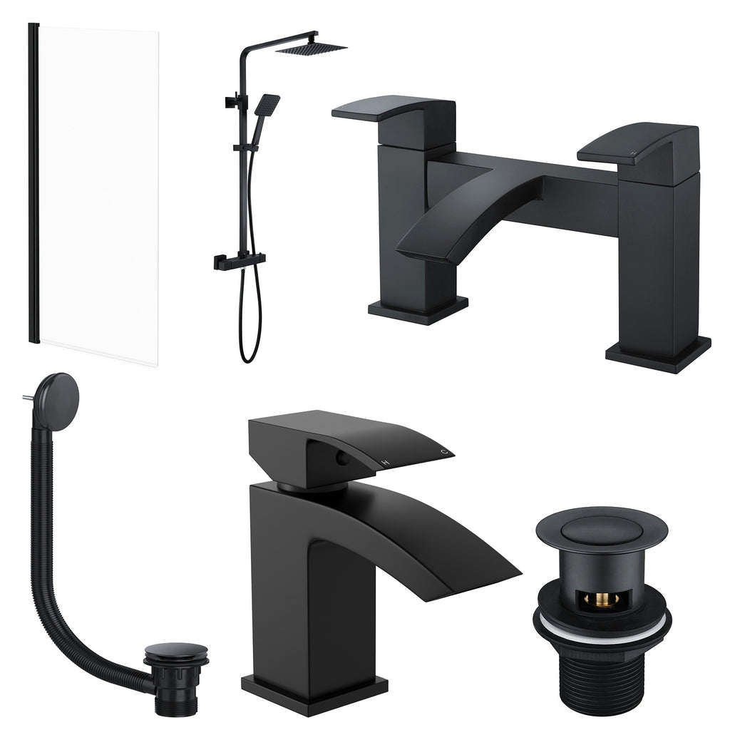 Modern Matt Black Bathroom Suite: Thermostatic Shower Kit, Bath & Basin Taps, Wastes & Glass Screen
