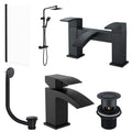 Modern Matt Black Bathroom Suite: Thermostatic Shower Kit, Bath & Basin Taps, Wastes & Glass Screen