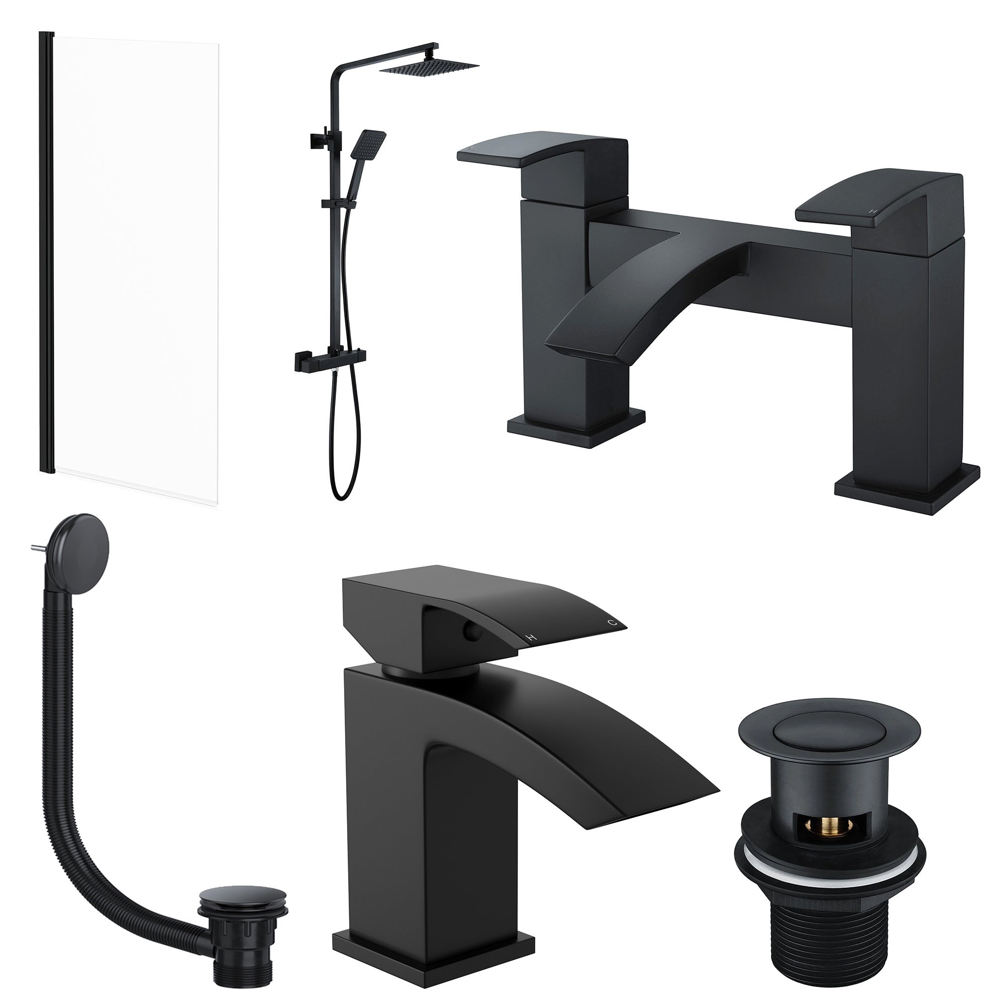 Modern Matt Black Bathroom Suite: Thermostatic Shower Kit, Bath & Basin Taps, Wastes & Glass Screen