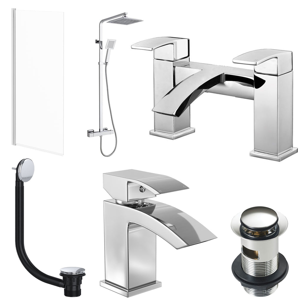 Modern Chrome Bathroom Suite with Thermostatic Shower Kit, Bath & Basin Mixer Taps, Wastes & Screen