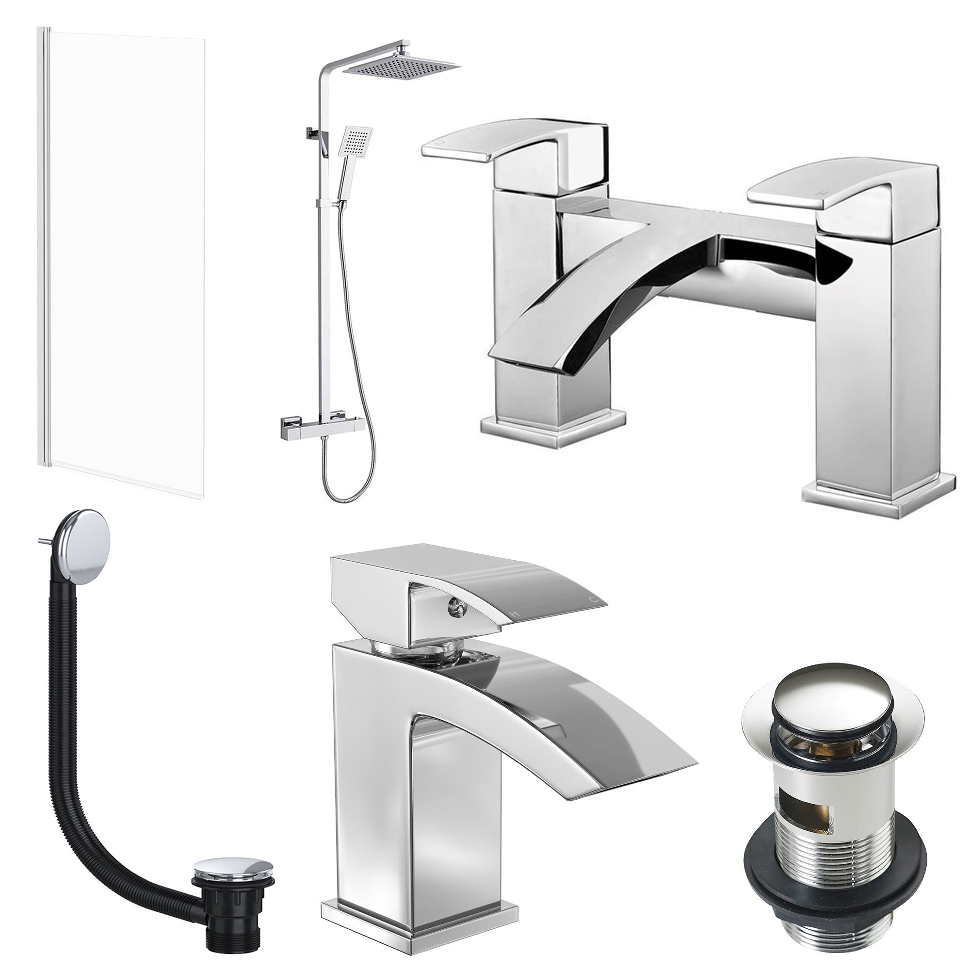 Modern Chrome Bathroom Suite with Thermostatic Shower Kit, Bath & Basin Mixer Taps, Wastes & Screen