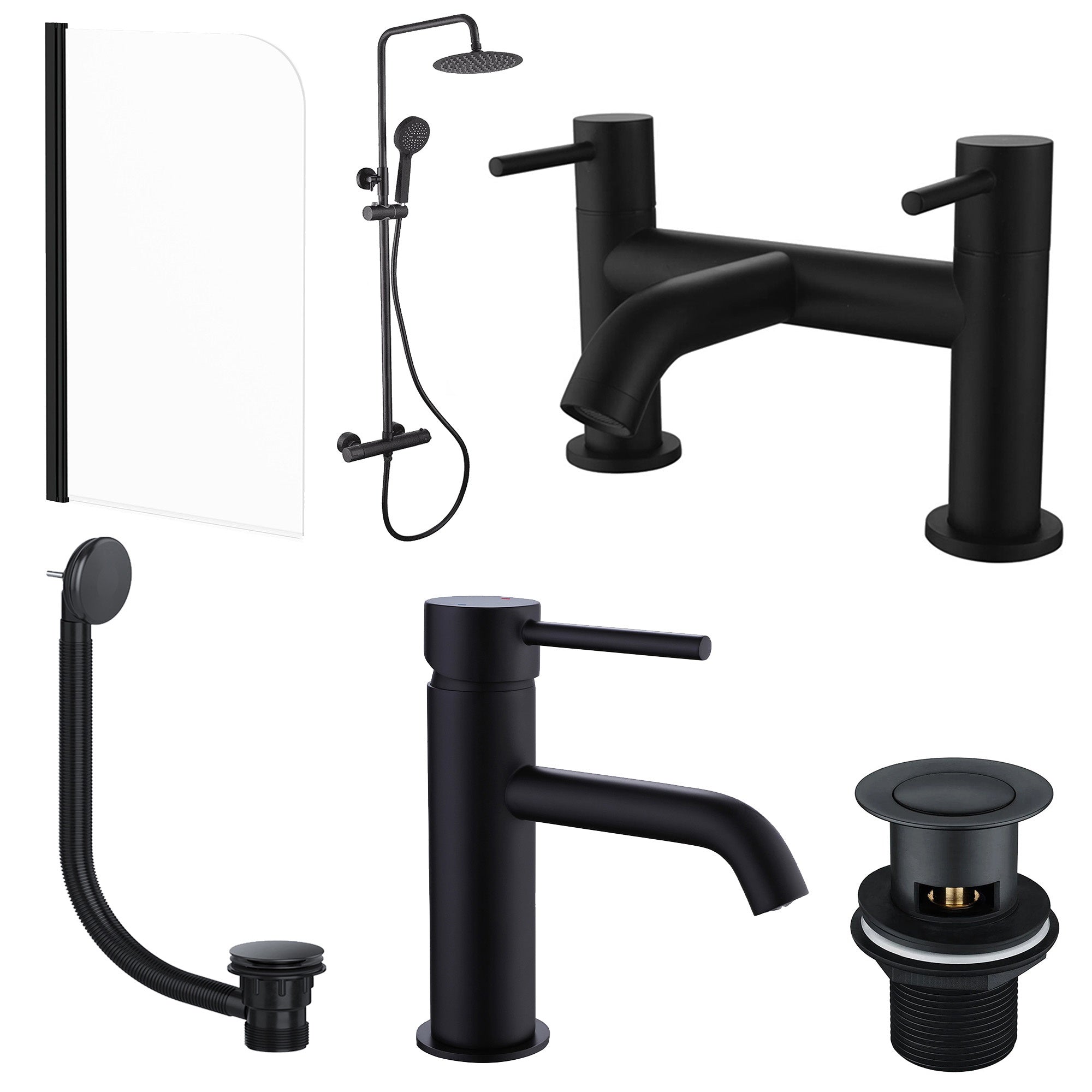 Bubly Matt Black Complete Bathroom Suite: Thermostatic Shower, Basin & Bath Taps, Rounded Screen & Wastes