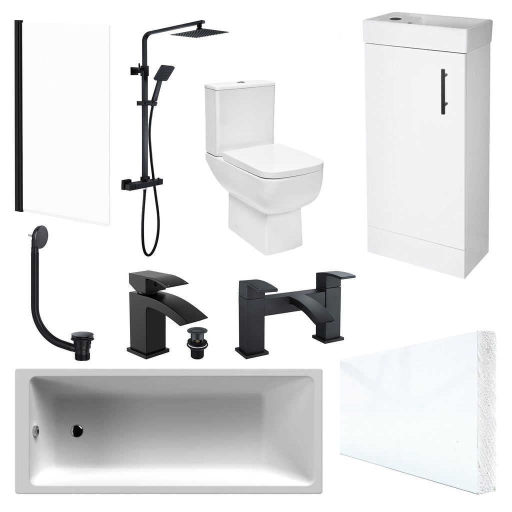 Modern Bathroom Suite: 1700mm Bath, Close Coupled WC, Gloss White Vanity Unit, Black Shower & Waterfall Taps