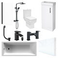 Modern Bathroom Suite: 1700mm Bath, Close Coupled WC, Gloss White Vanity Unit, Black Shower & Waterfall Taps