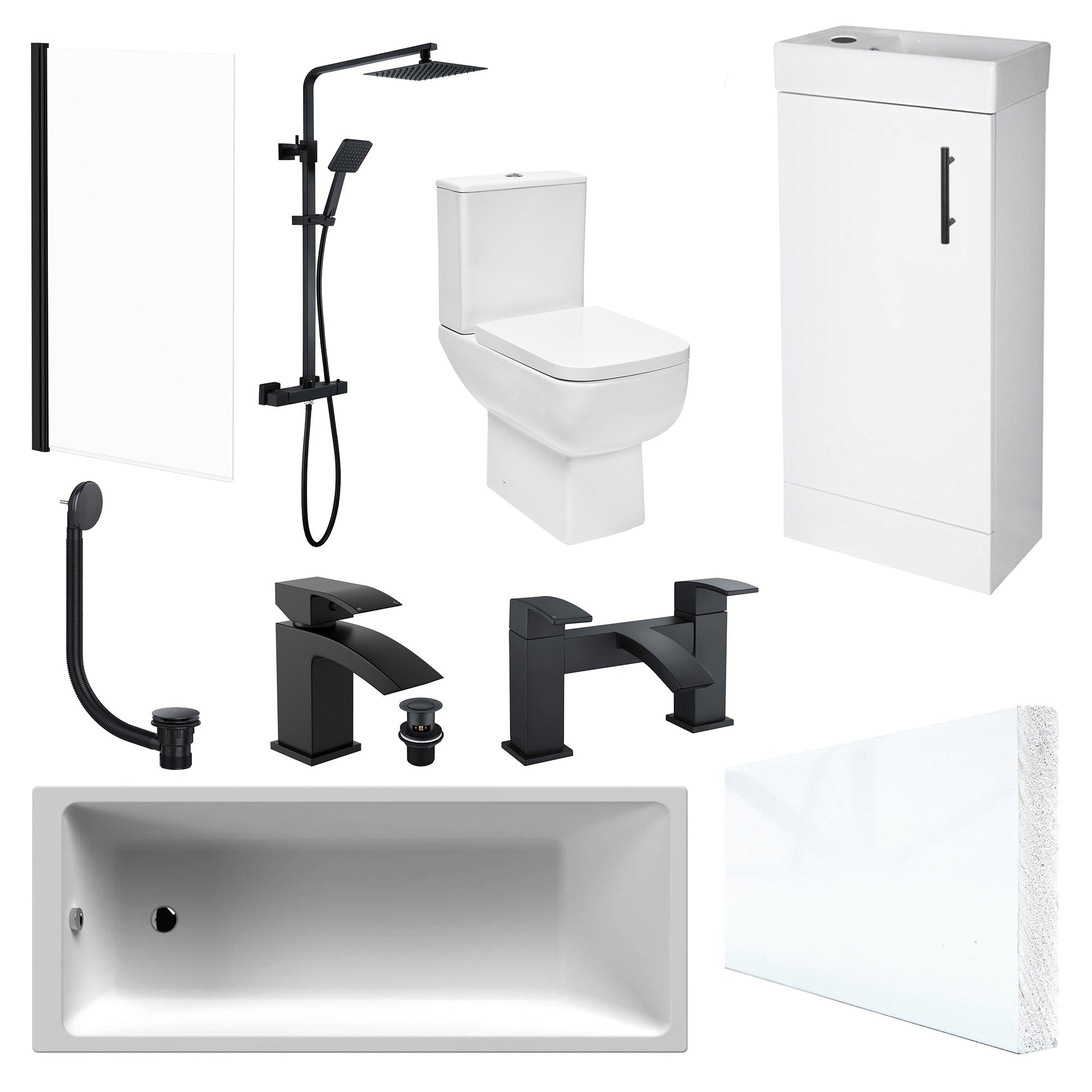 Modern Bathroom Suite: 1700mm Bath, Close Coupled WC, Gloss White Vanity Unit, Black Shower & Waterfall Taps