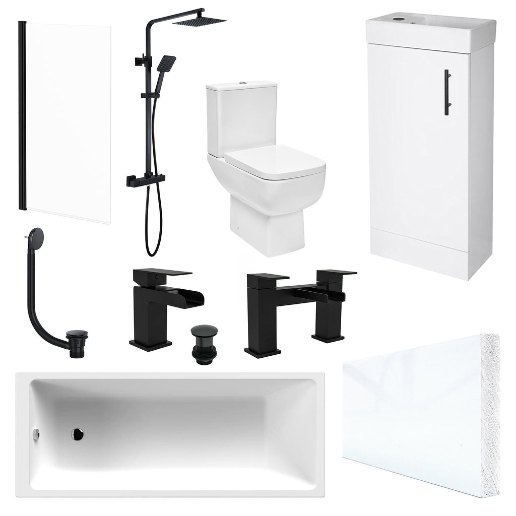Modern Bathroom Suite with 1700x700mm Bath, Gloss White Vanity, Close Coupled WC & Matt Black Shower/Tap Set