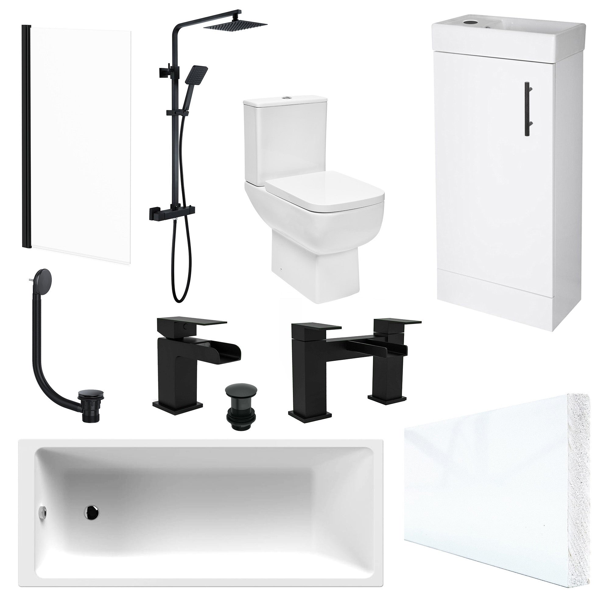 Modern Bathroom Suite with 1700x700mm Bath, Gloss White Vanity, Close Coupled WC & Matt Black Shower/Tap Set