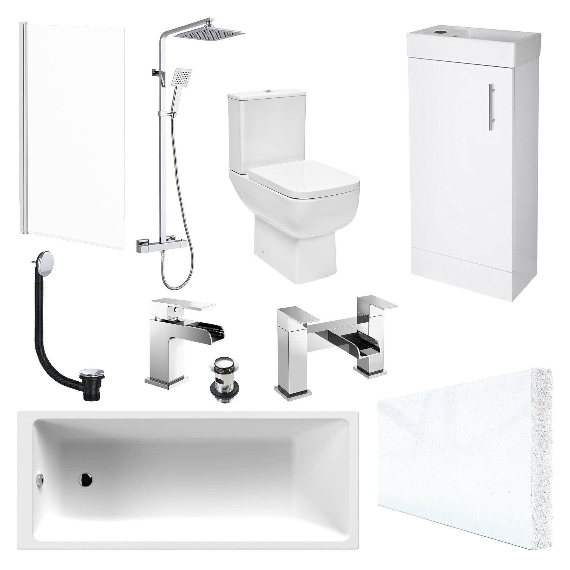 Modern Complete Bathroom Suite: 1700mm Acrylic Bath, Close Coupled WC, Gloss White Vanity, Chrome Thermostatic Shower & Taps