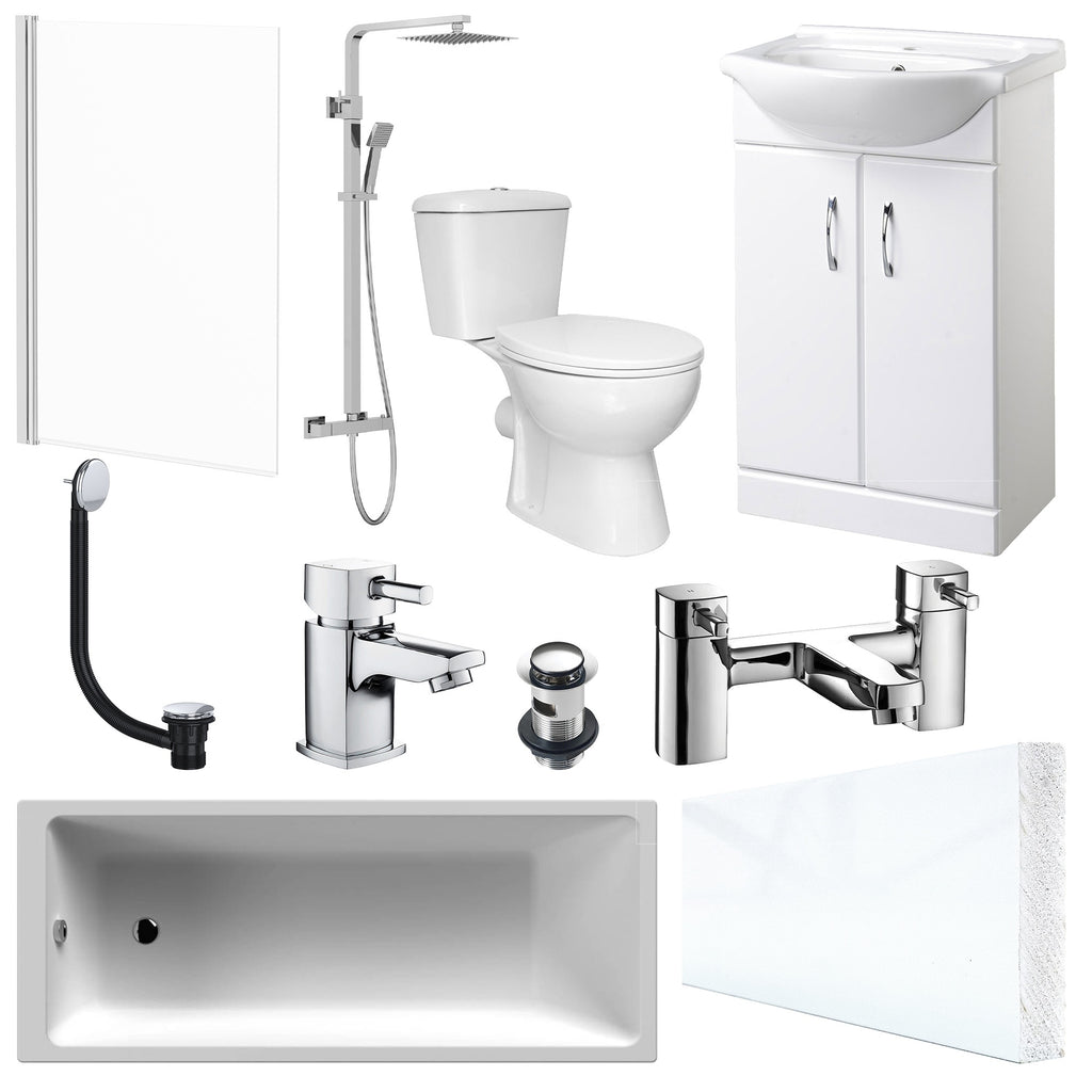 Bubly Bathrooms™ Complete Modern Bathroom Suite: 1700mm Bath, 550mm Vanity Unit, WC, Thermostatic Shower & Chrome Taps