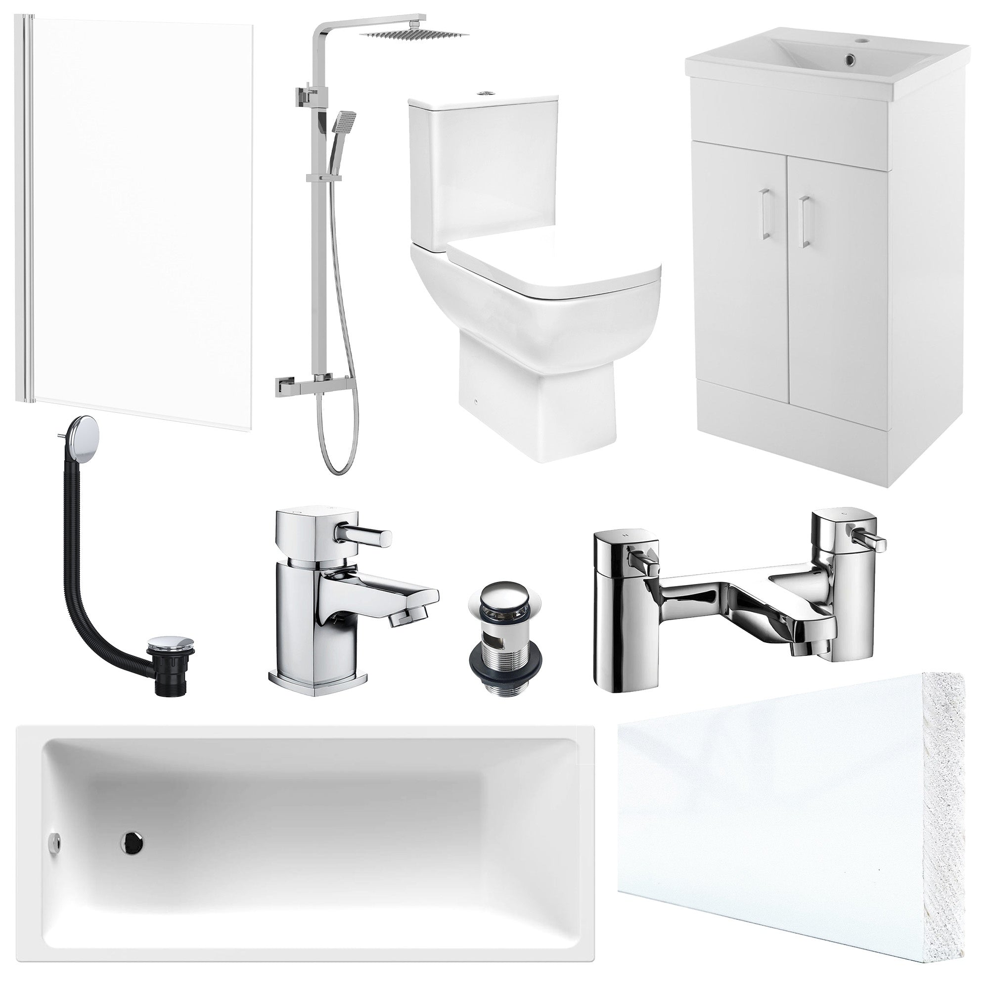 Bubly Bathroom Suite: 600mm Vanity, 1700mm Bath, WC, Thermostatic Shower & Chrome Taps