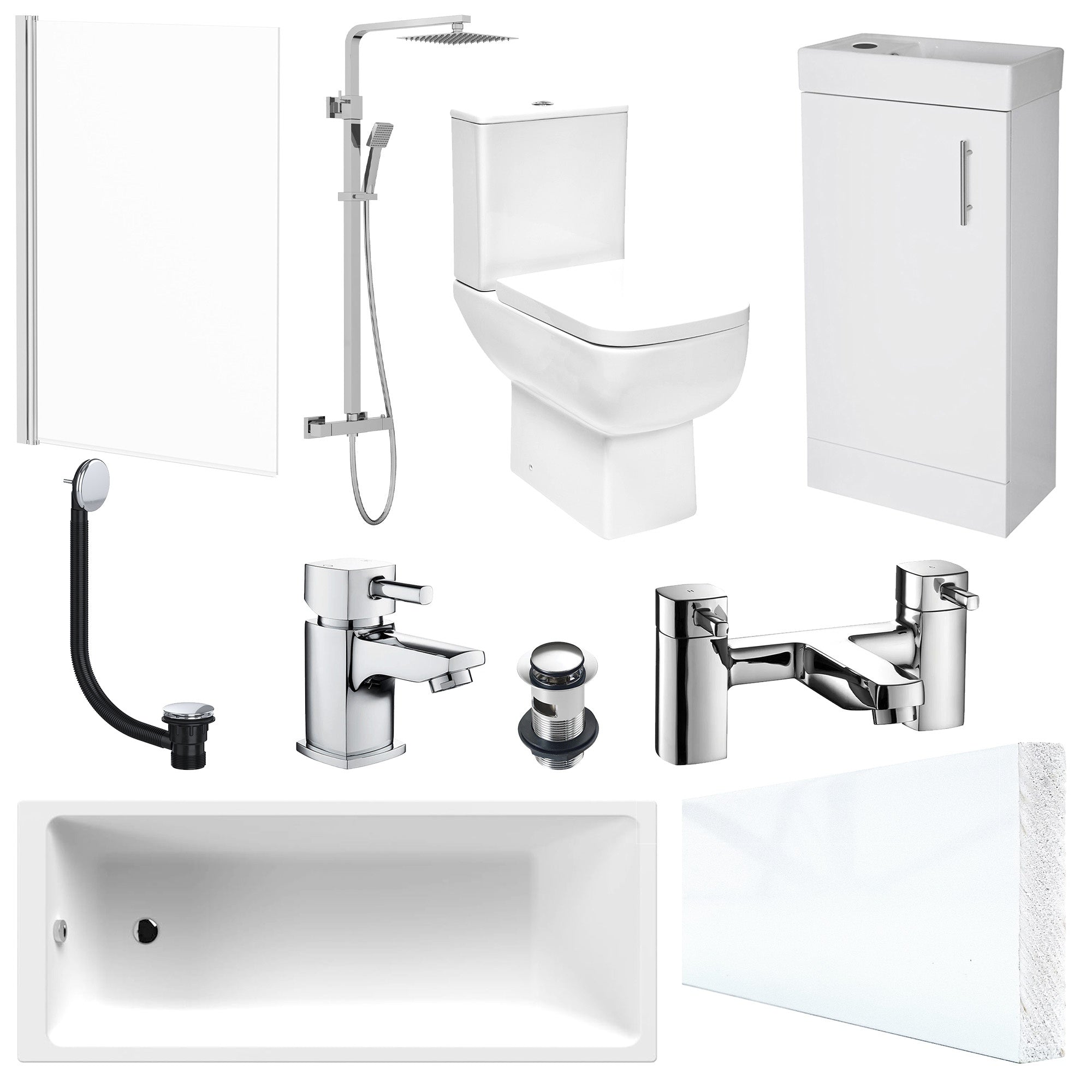 Bubly Bathroom Suite: Modern 400mm Gloss White Vanity Unit, 1700mm Acrylic Bath, WC & Chrome Thermostatic Shower with Taps