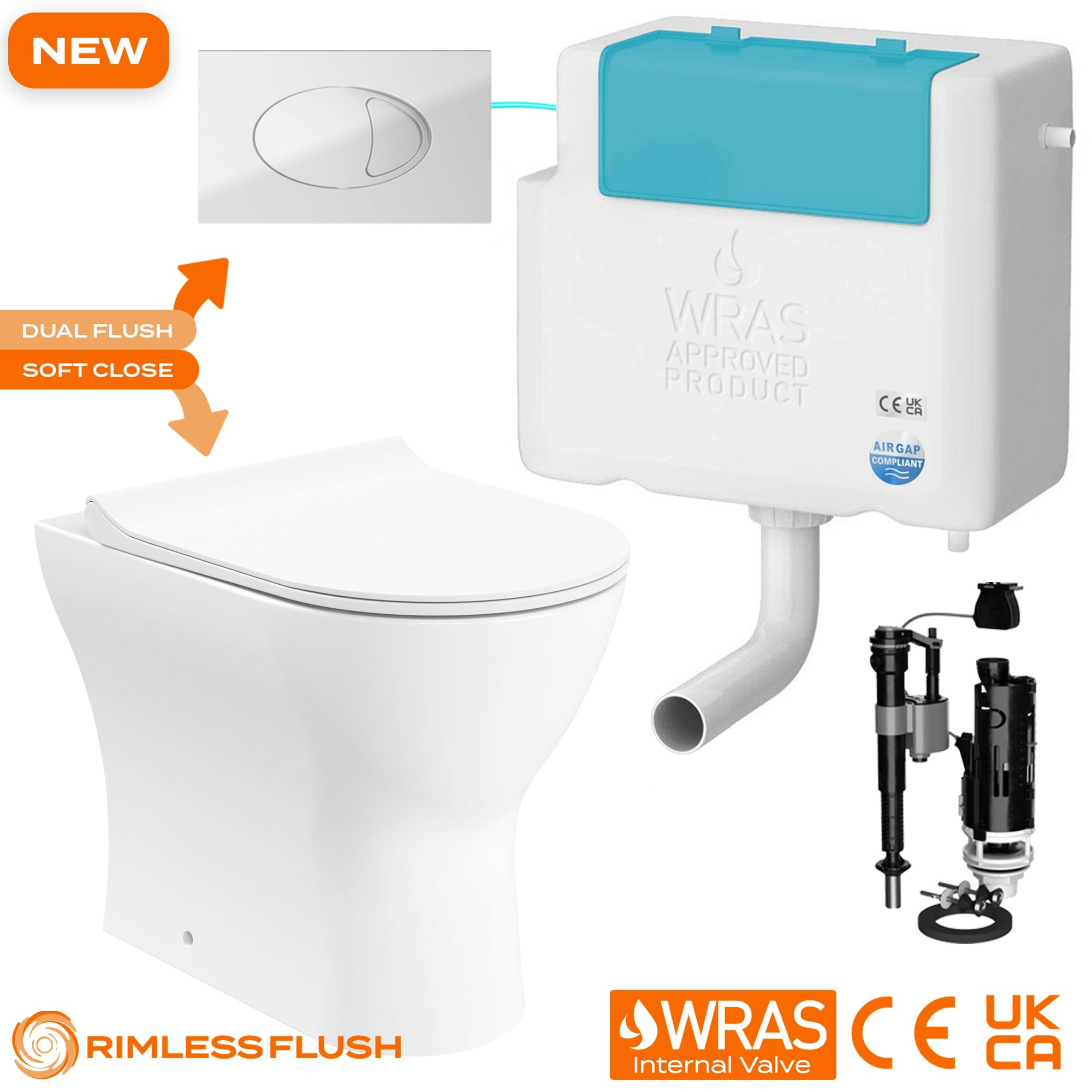 Bubly Bathrooms Rimless D-Shape Back to Wall Toilet & Concealed Dual Flush Cistern Set with Chrome Plate & Soft Close Seat