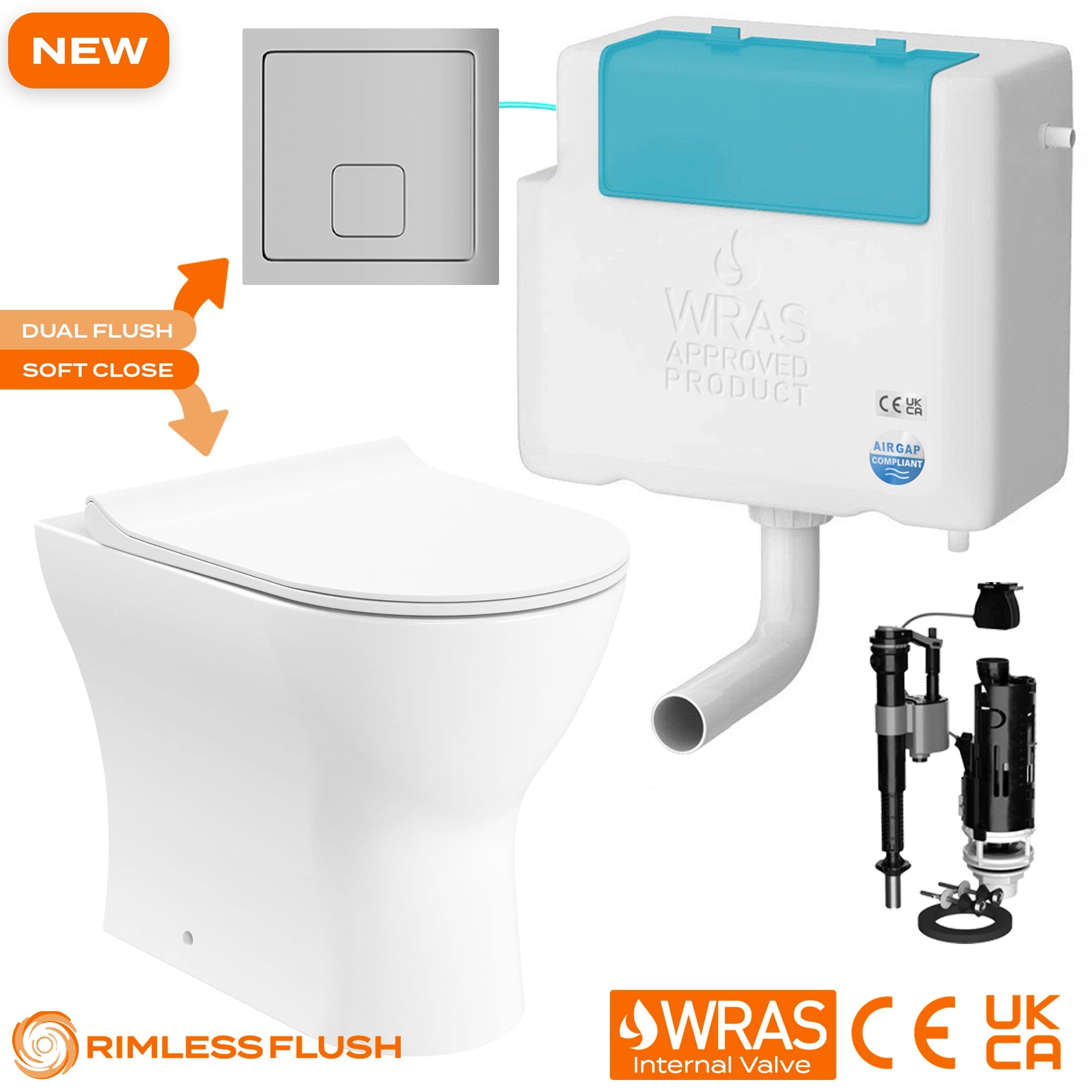 Bubly Bathrooms™ Rimless Back to Wall Toilet Set with Soft Close Seat, Concealed Dual Flush Cistern & Chrome Square Plate