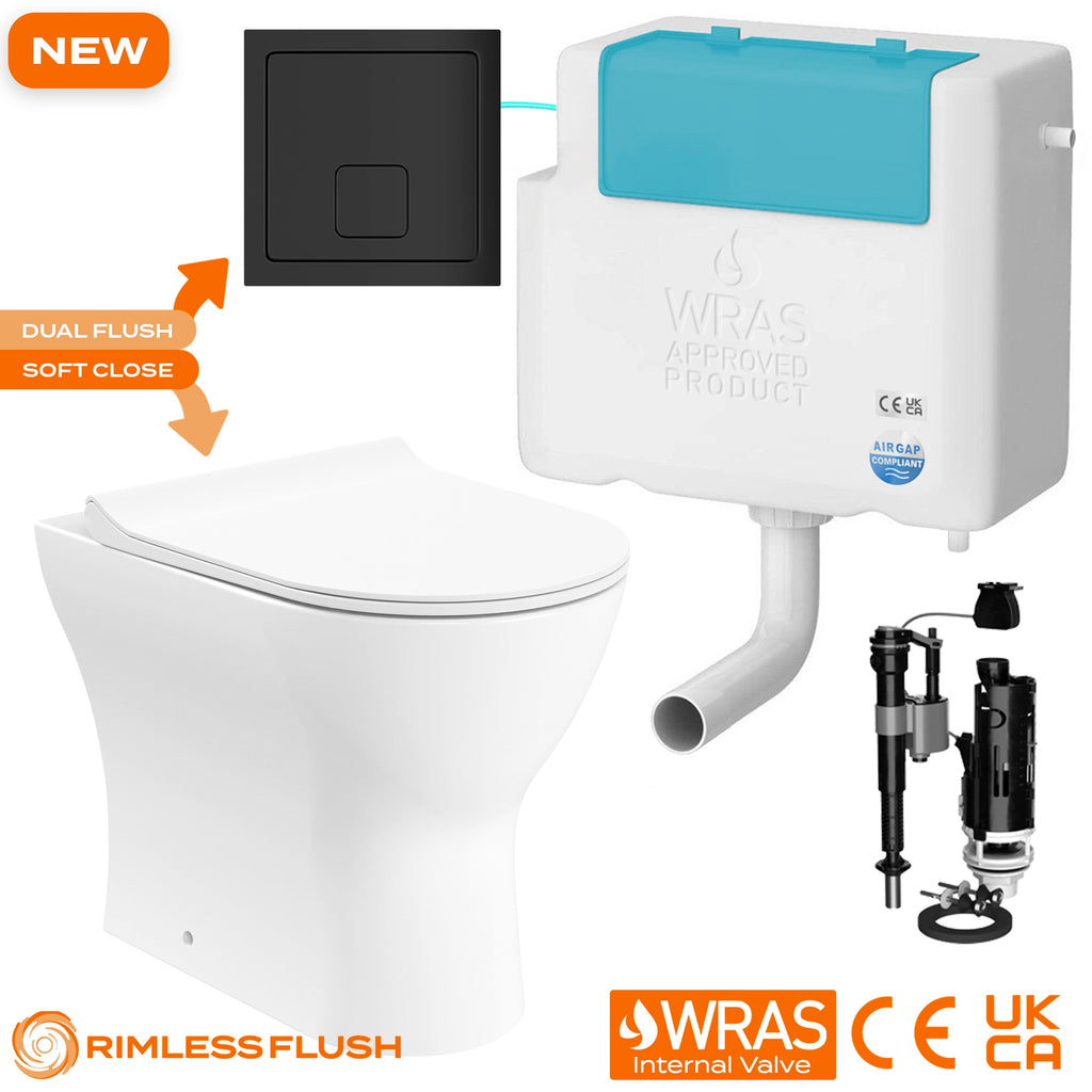 Bubly Rimless Back to Wall D-Shape Toilet, Soft Close Seat & Concealed Dual Flush Cistern with Black Square Flush Plate