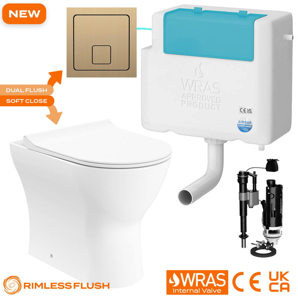 Bubly Bathrooms™ Rimless Back to Wall Toilet & Concealed Cistern Set with Soft-Close Seat & Brushed Brass Dual Flush Plate