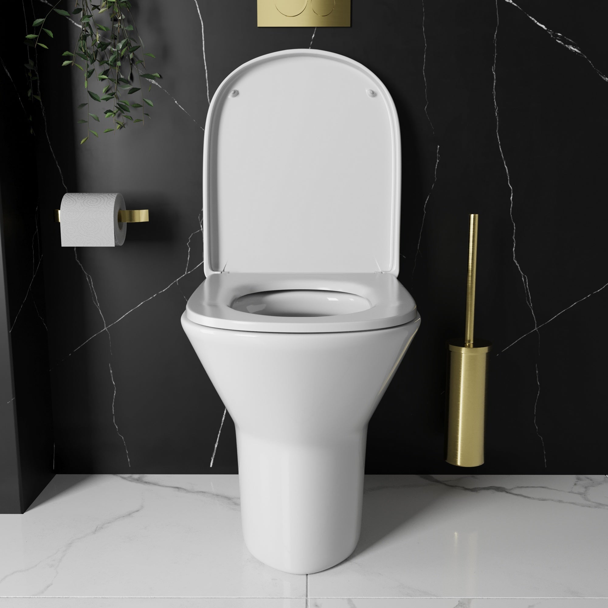 Bubly Bathrooms™ Rimless Back to Wall Toilet & Concealed Cistern Set with Soft-Close Seat & Brushed Brass Dual Flush Plate
