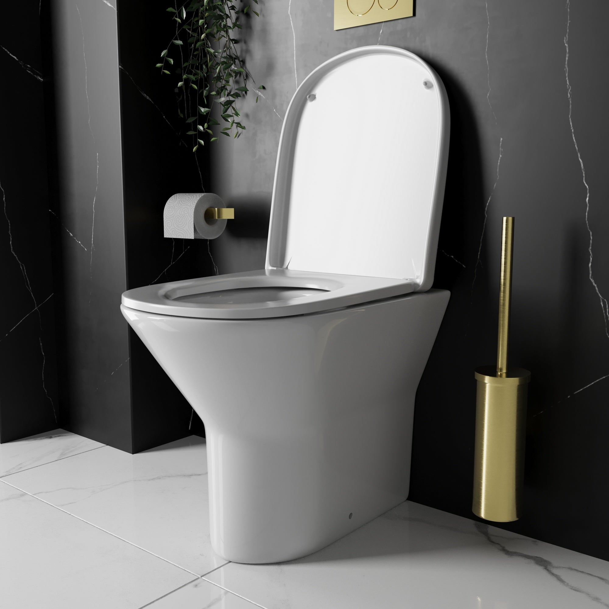 Bubly Bathrooms™ Rimless Back to Wall Toilet Set with Soft Close Seat & Gunmetal Square Flush Plate
