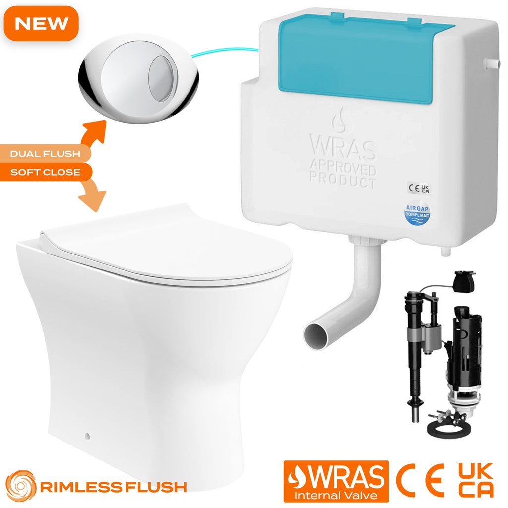 Bubly Bathrooms™ D-Shape Rimless Back to Wall Toilet & Concealed Cistern Set with Soft Close Seat & Chrome Oval Plate