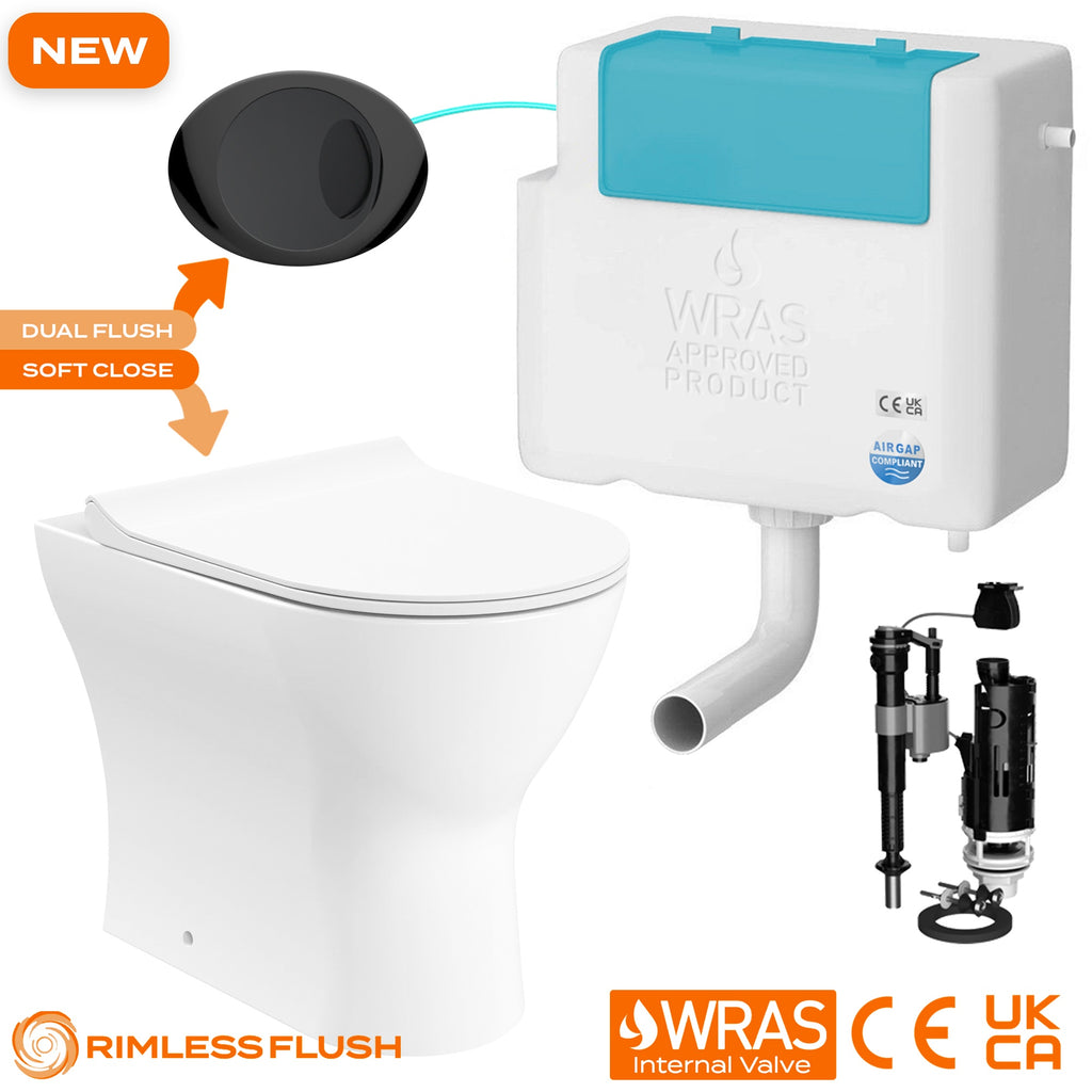 Bubly Bathrooms™ Rimless Back to Wall Toilet & Concealed Cistern Set with Soft Close Seat & Black Oval Dual Flush Plate
