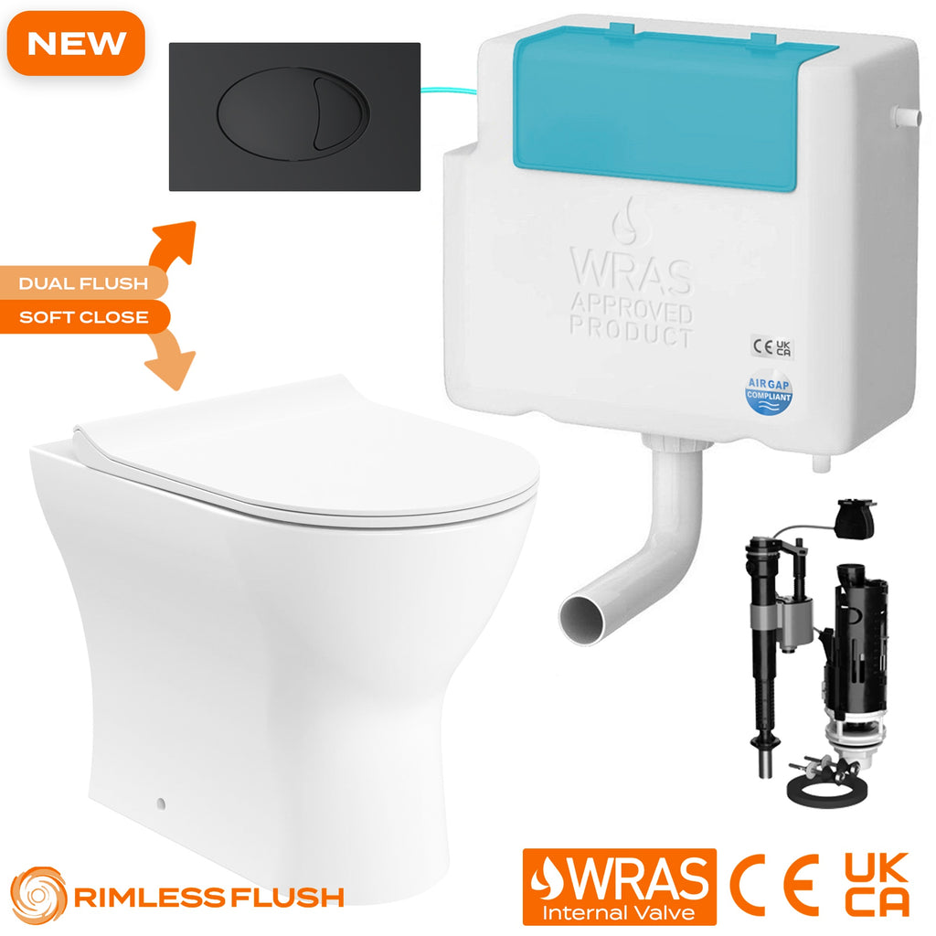 Bubly Bathrooms™ Rimless Back to Wall Toilet with Soft Close D-Shape Seat & Dual Flush Concealed Cistern Set - Black Plate
