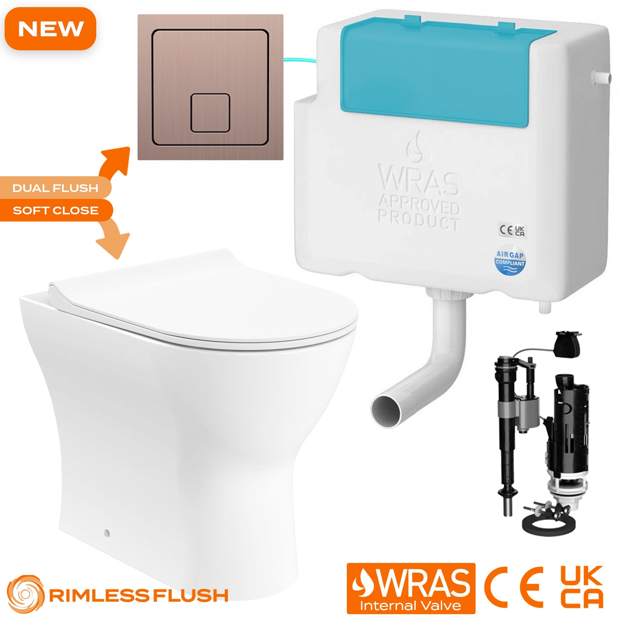 Bubly Bathrooms™ Back to Wall Rimless D-Shape Toilet Set with Dual Flush Concealed Cistern & Brushed Bronze Square Plate