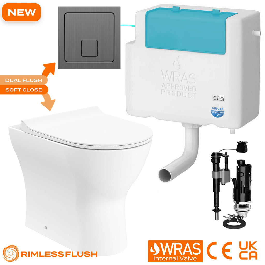 Bubly Back To Wall Rimless Toilet & Concealed Cistern Set with Dual Flush, Soft Close D-Shape Seat & Gunmetal Plate