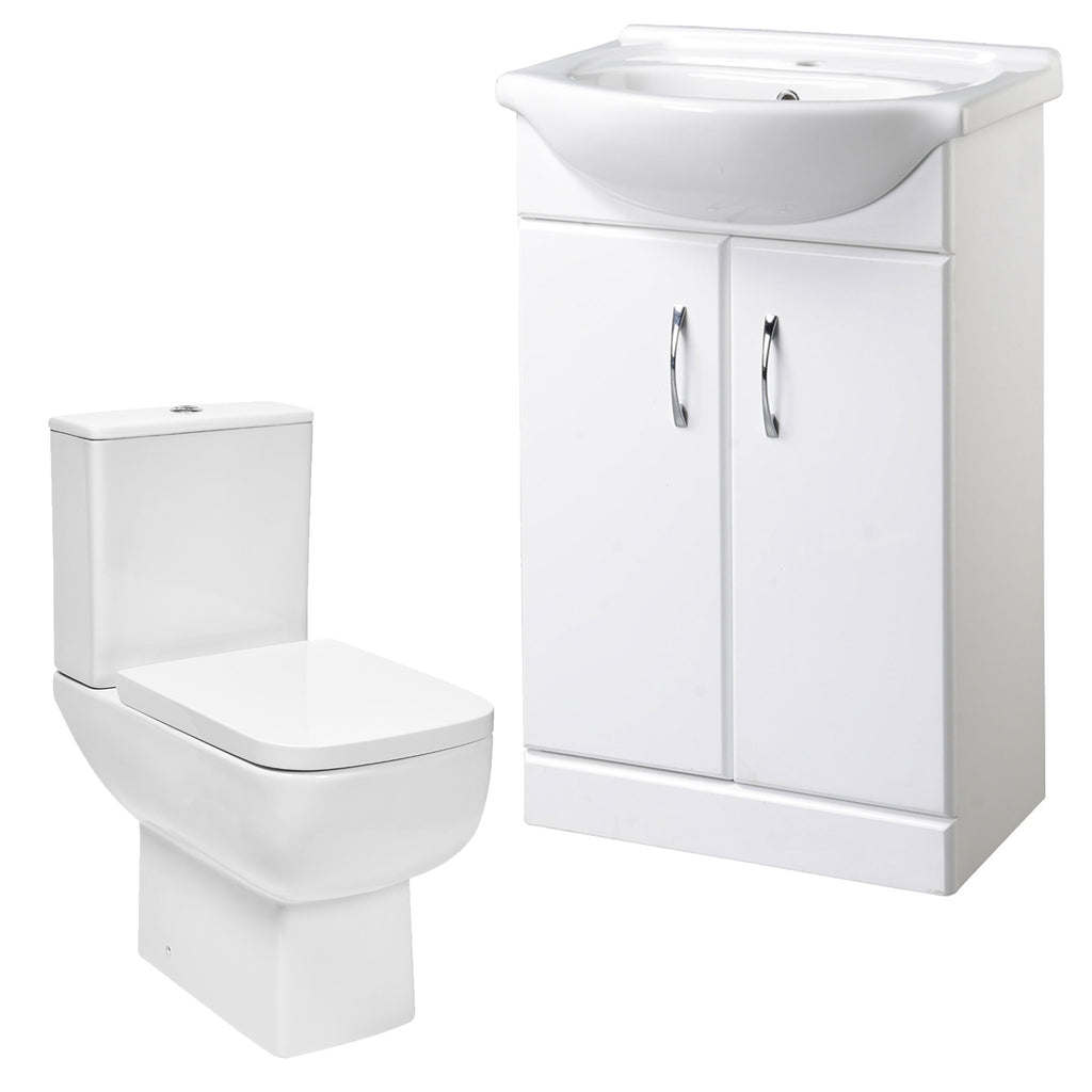 Bubly Bathrooms™ 550mm Gloss White Vanity Unit & Basin with Close Coupled Dual Flush WC Toilet Set for Modern Bathrooms