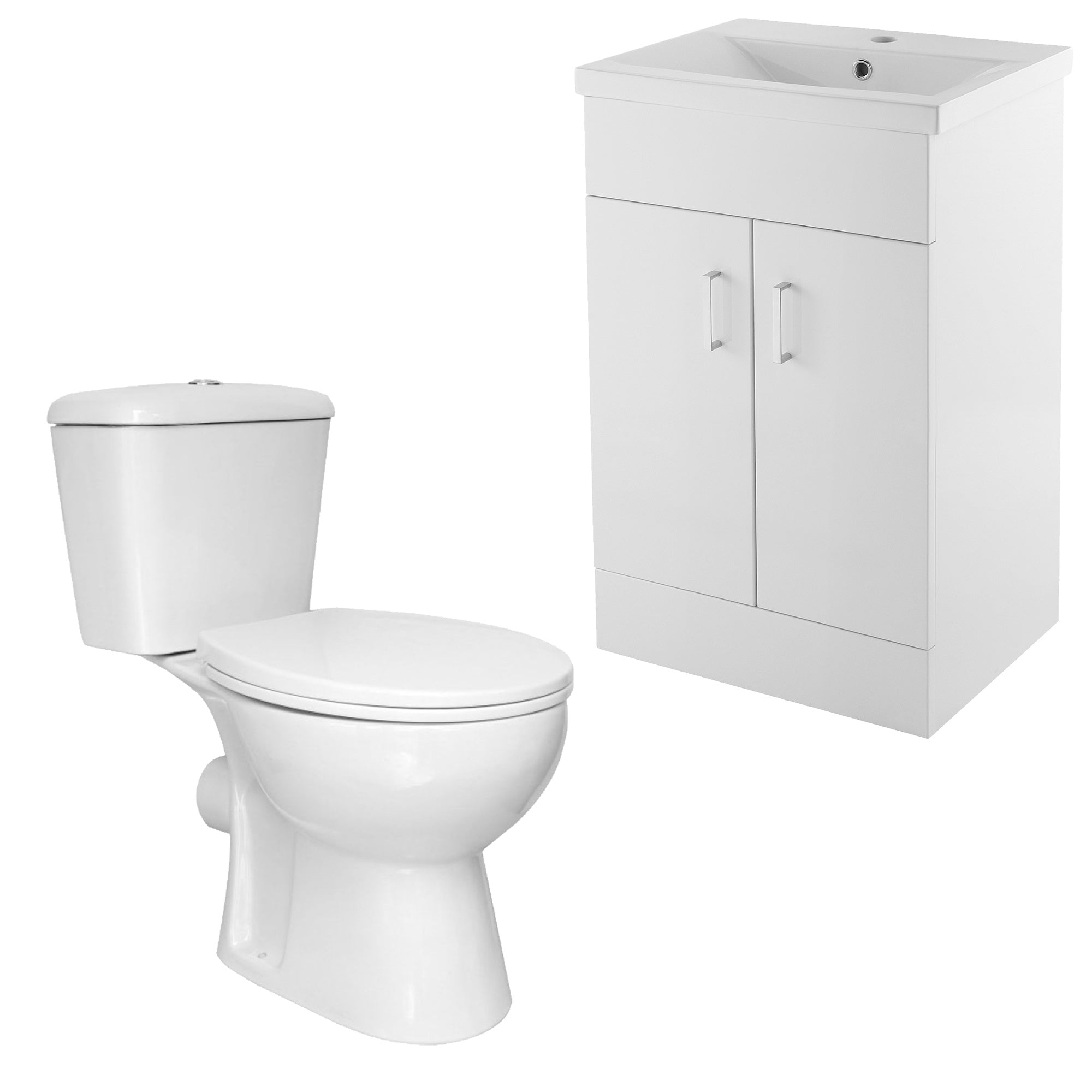 Bubly Bathrooms™ 600mm Gloss White Vanity Unit & Close Coupled D-Shape WC Dual Flush Toilet Set