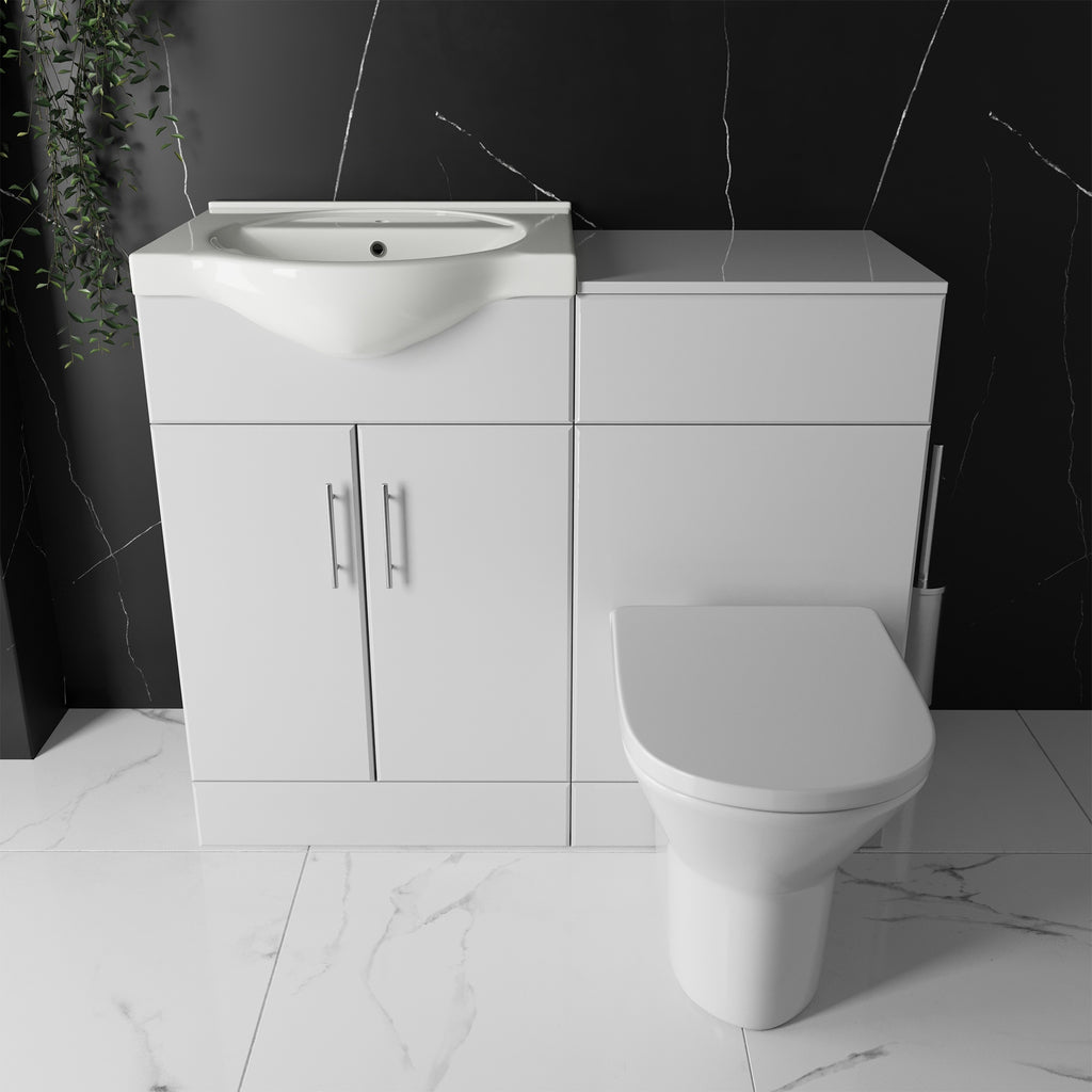 Bubly Bathrooms™ Saturn Gloss White 1033mm Bathroom Vanity Unit & Rimless Back-to-Wall Toilet Set