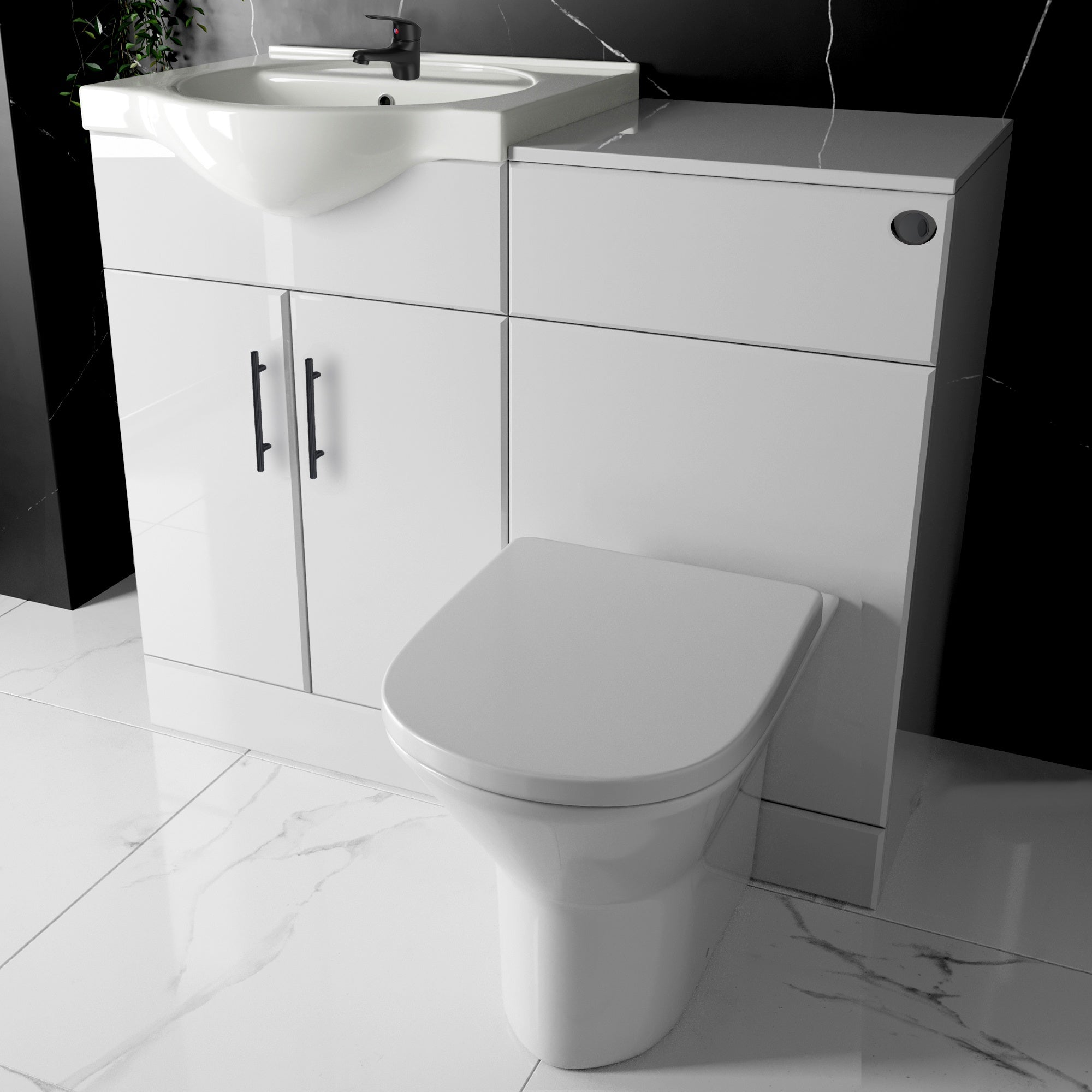 Bubly Bathrooms™ Saturn Furniture Set: Vanity Unit & Rimless Back to Wall Toilet, Soft Close, Matt Black Tap & Waste.