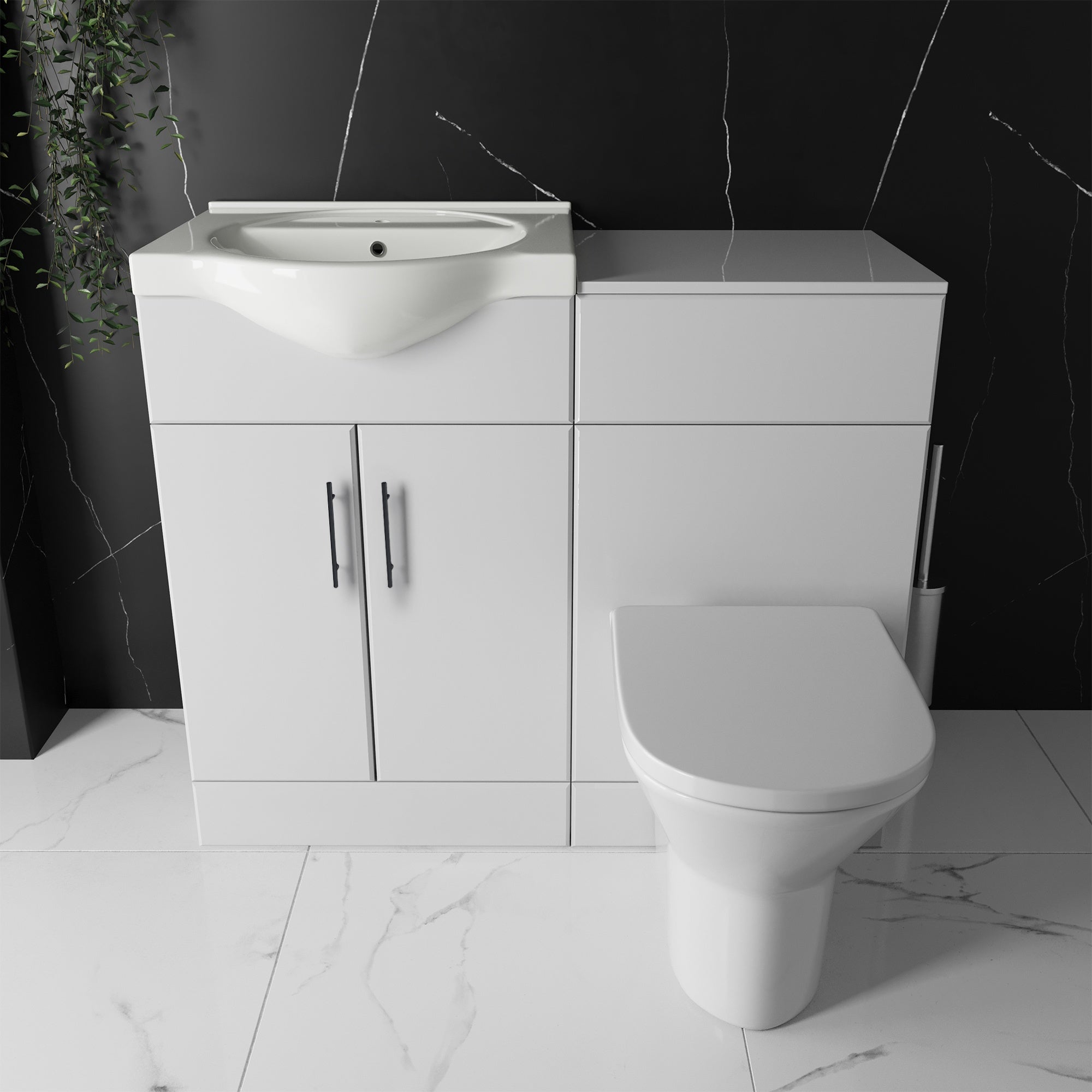 Bubly Bathrooms™ Saturn Furniture Set: Vanity Unit & Rimless Back to Wall Toilet, Soft Close, Matt Black Tap & Waste.