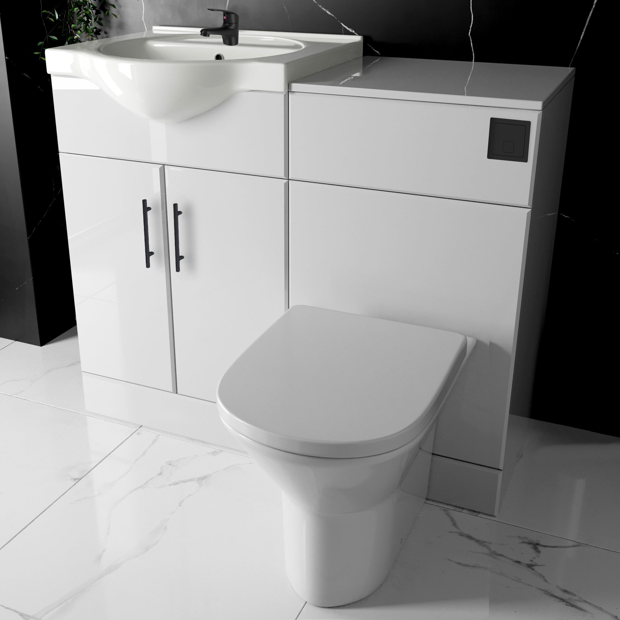Bubly Bathrooms™ Gloss White Vanity & WC Unit Set with Rimless D-Shape Toilet, Matt Black Tap & Soft Close Doors