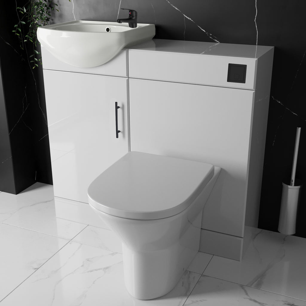 Bubly Bathrooms™ Modern Gloss White Combined Bathroom Furniture Set with Vanity, Rimless BTW Toilet & Matt Black Fittings