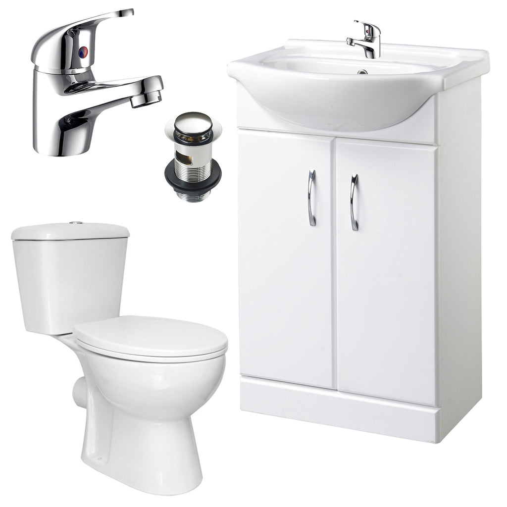 Bubly Bathrooms™ Modern 550mm White Gloss Vanity Unit, Ceramic Basin & Close Coupled WC Toilet with Chrome Tap & Waste Set