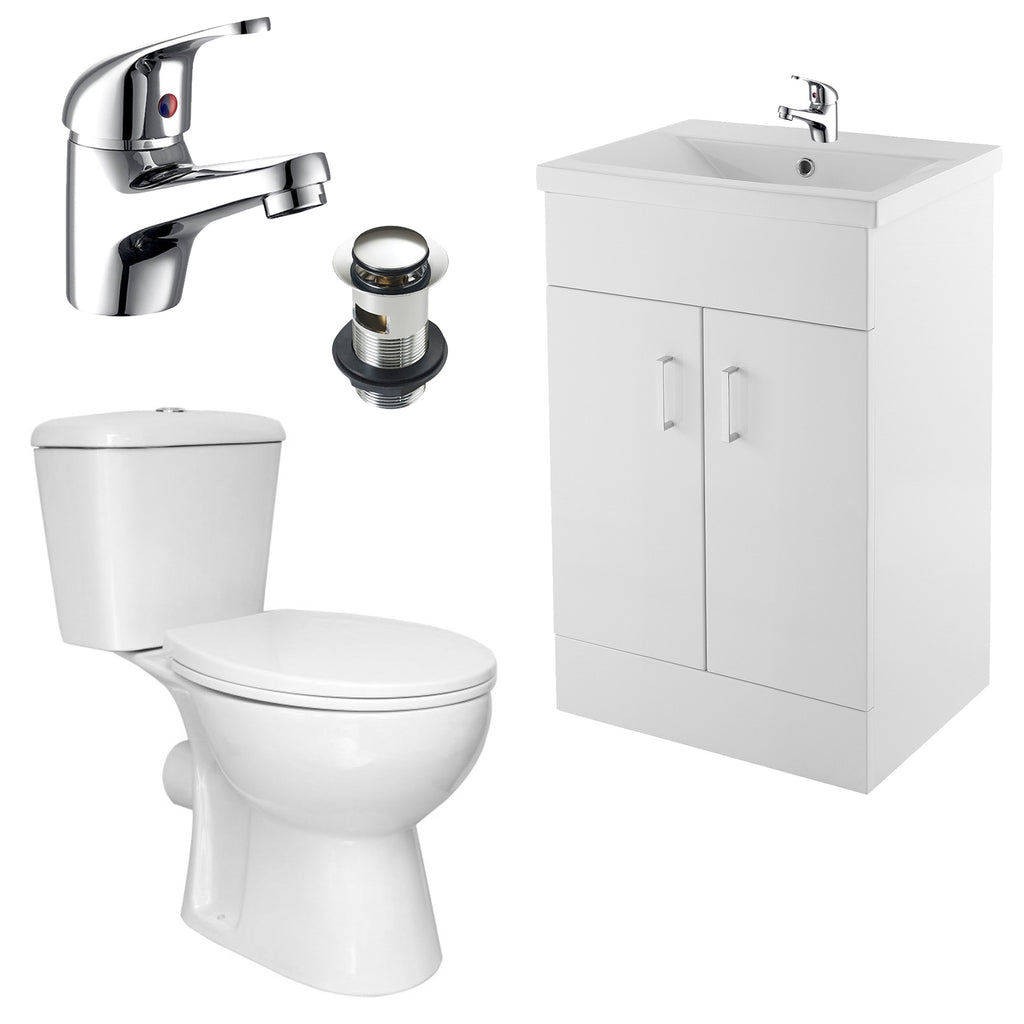 Bubly Bathrooms™ 600mm White Vanity Unit, D-Shape WC & Chrome Tap Set - Complete Bathroom Solution