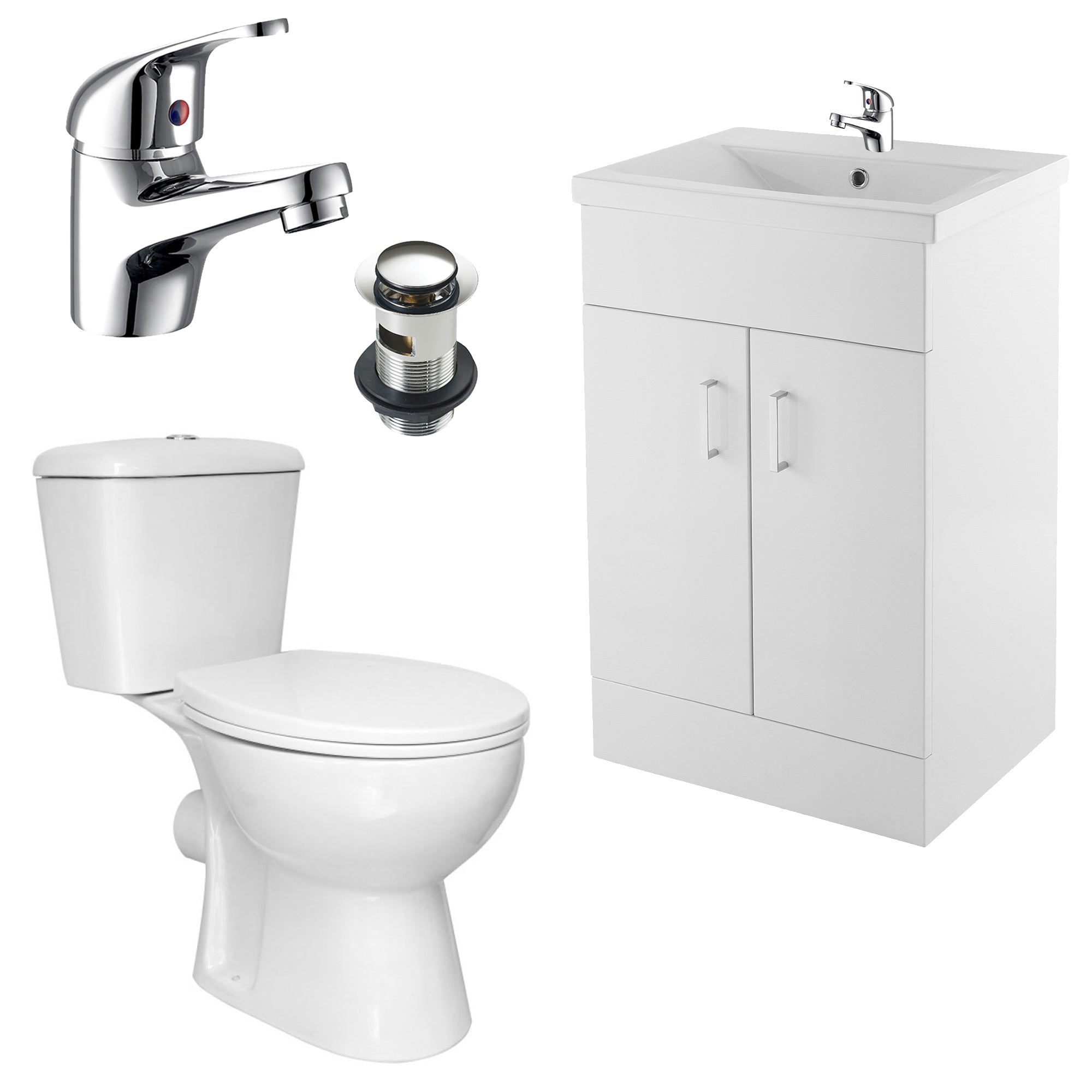 Bubly Bathrooms™ 600mm White Vanity Unit, D-Shape WC & Chrome Tap Set - Complete Bathroom Solution
