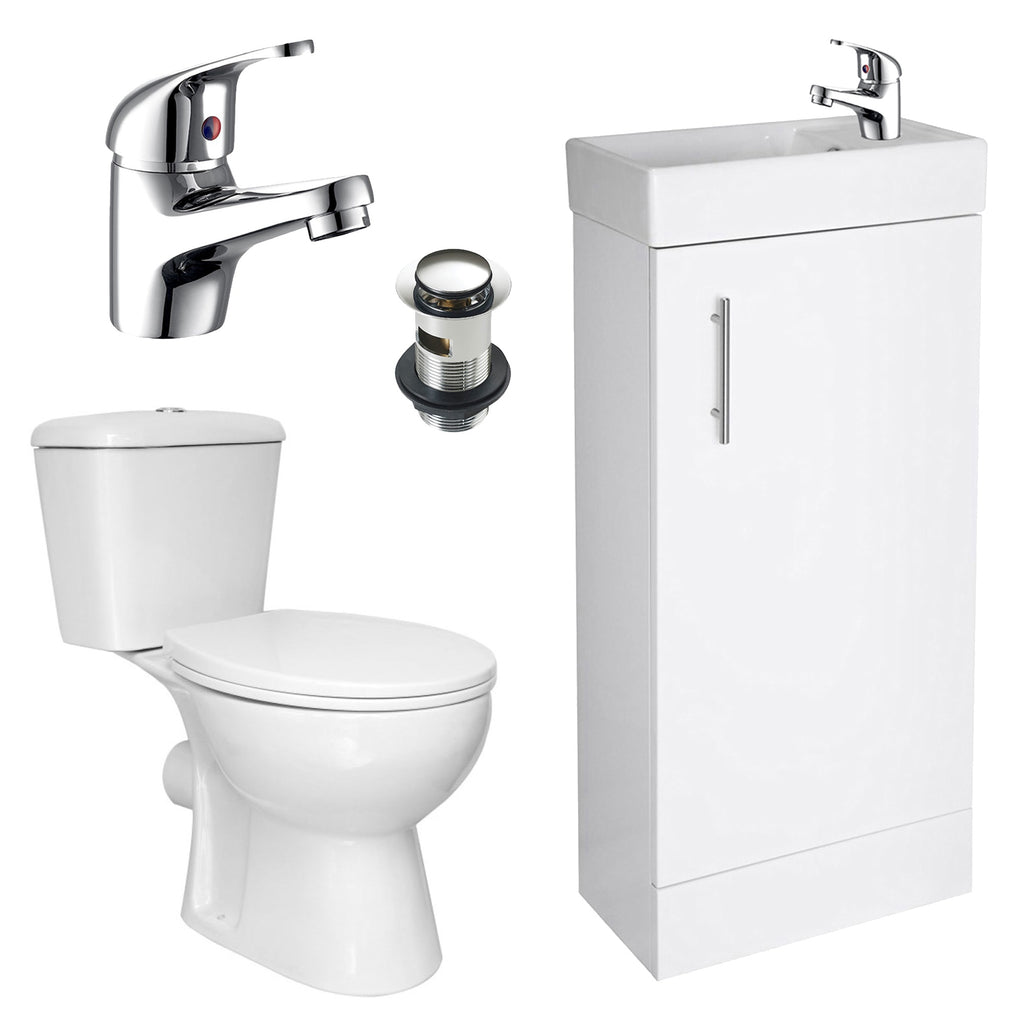 Bubly Bathrooms™ Compact 400mm Freestanding Vanity Unit, Close Coupled Toilet & Chrome Tap Set