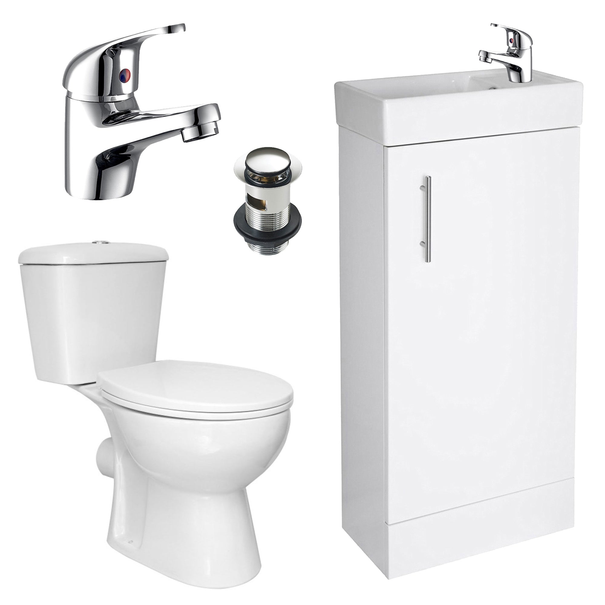 Bubly Bathrooms™ Compact 400mm Freestanding Vanity Unit, Close Coupled Toilet & Chrome Tap Set
