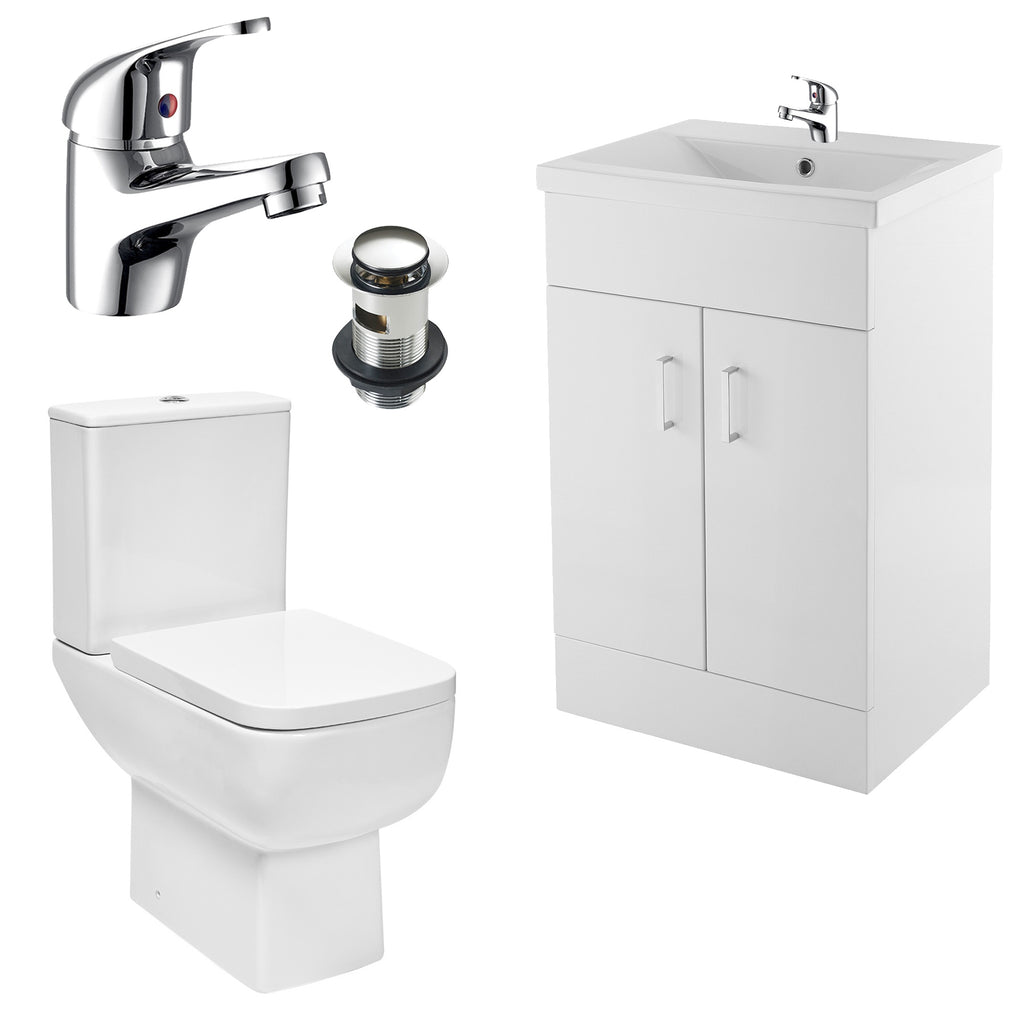 Bubly Bathrooms™ 600mm Gloss White Bathroom Vanity Unit & Basin with Close Coupled Dual Flush Toilet & Chrome Tap Set