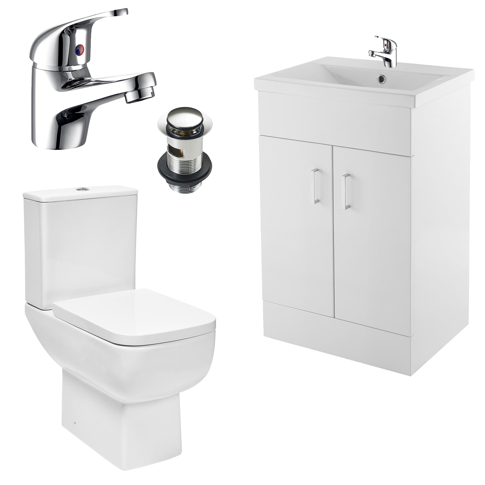 Bubly Bathrooms™ 600mm Gloss White Bathroom Vanity Unit & Basin with Close Coupled Dual Flush Toilet & Chrome Tap Set