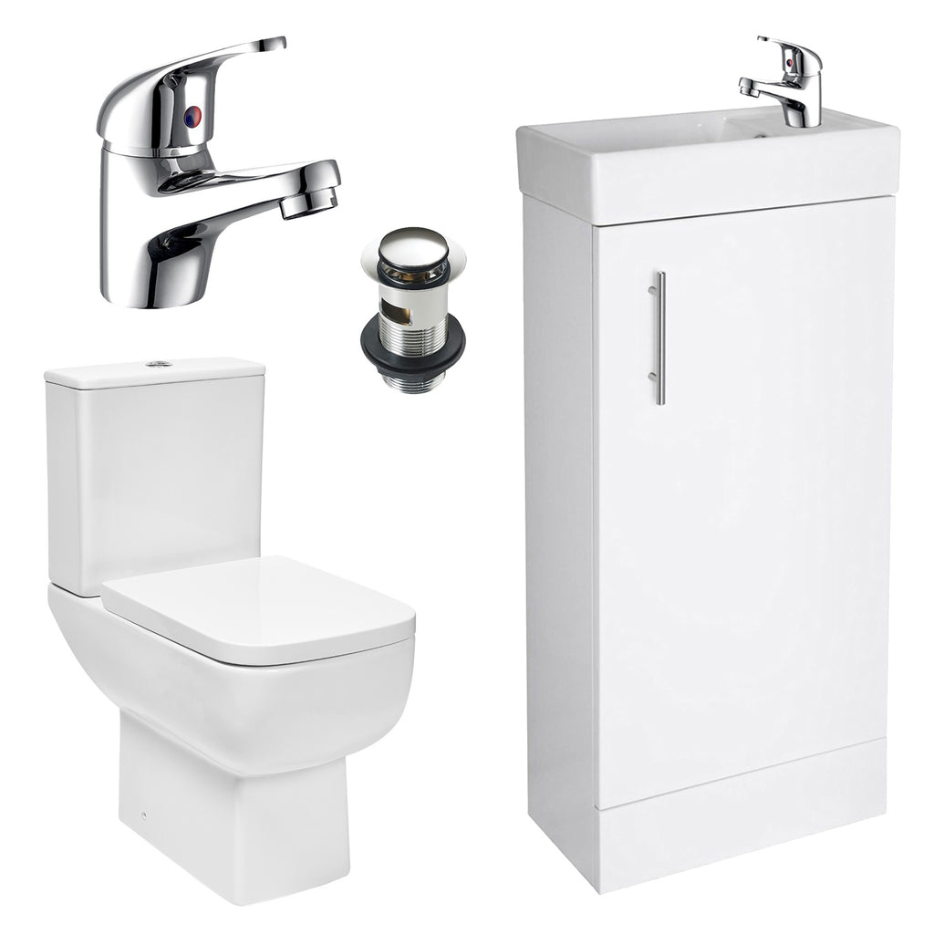 Bubly 400mm Gloss White Freestanding Vanity Unit, Basin, Close Coupled Dual Flush Toilet & Chrome Tap Set